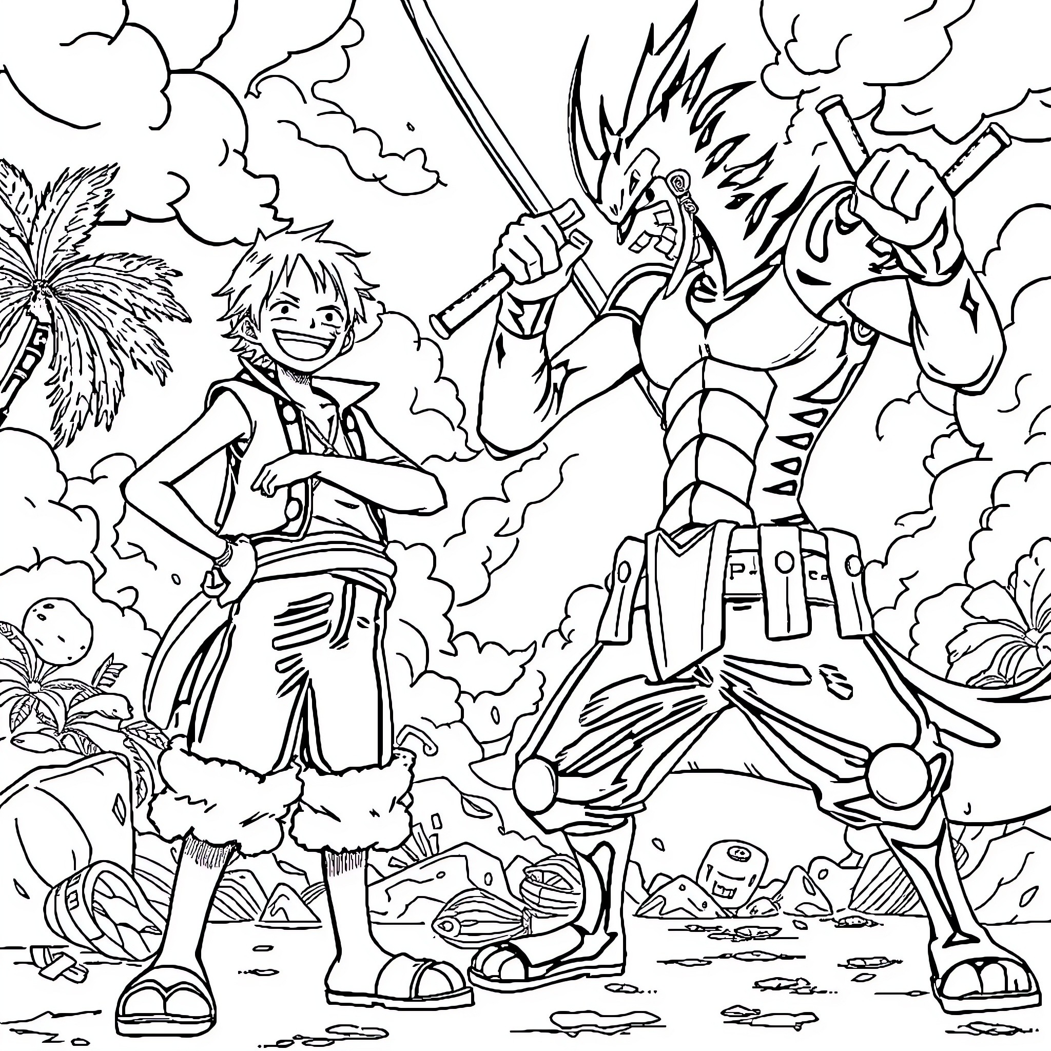 Onepiece characters in an epic battle scene Coloring Page (free black-and-white line drawing printable PDF for all, from beginners to advanced learners, including children, teens, adults, and seniors)