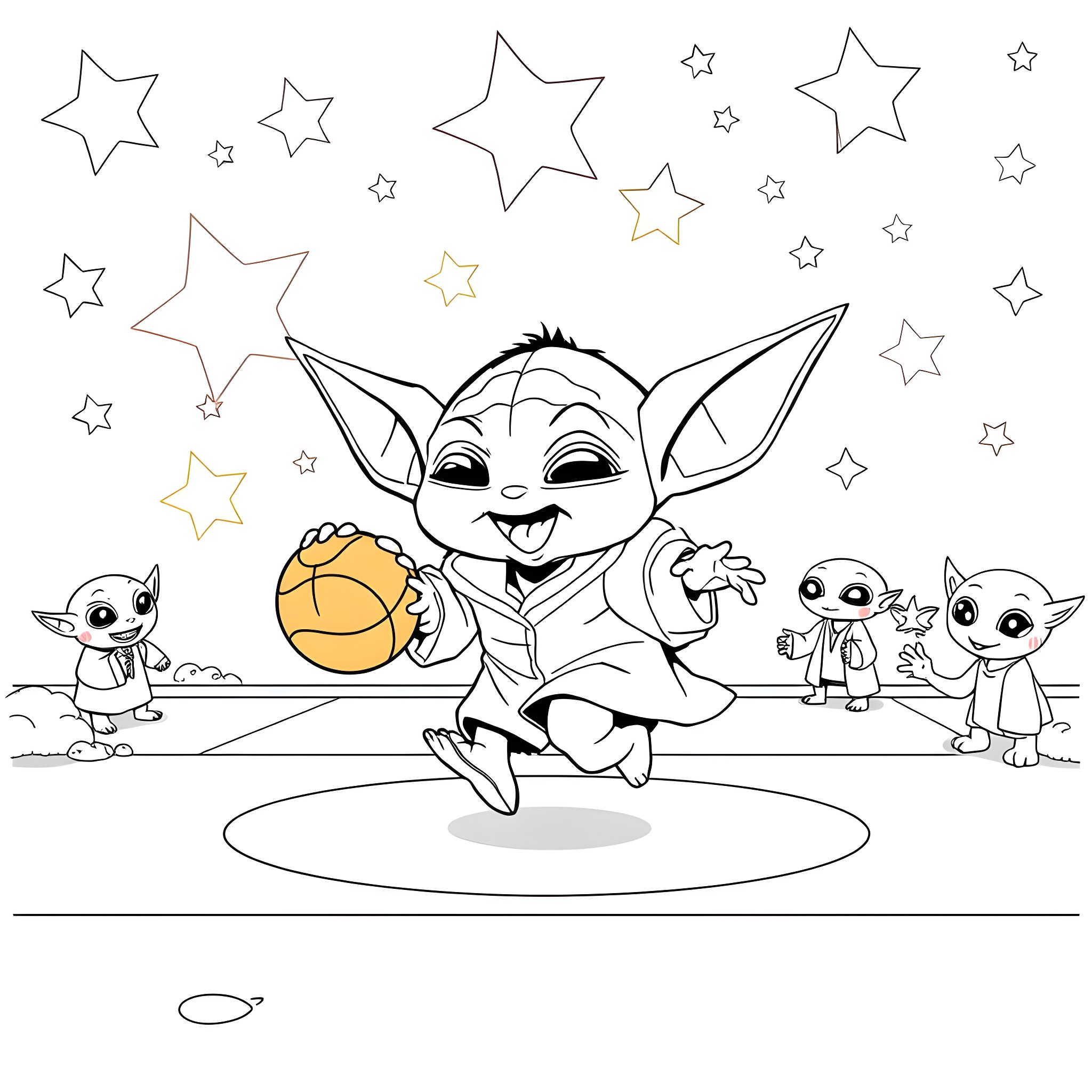 Baby Yoda playing happily with friends under the stars Coloring Page (free black-and-white line drawing printable PDF for all, from beginners to advanced learners, including children, teens, adults, and seniors)