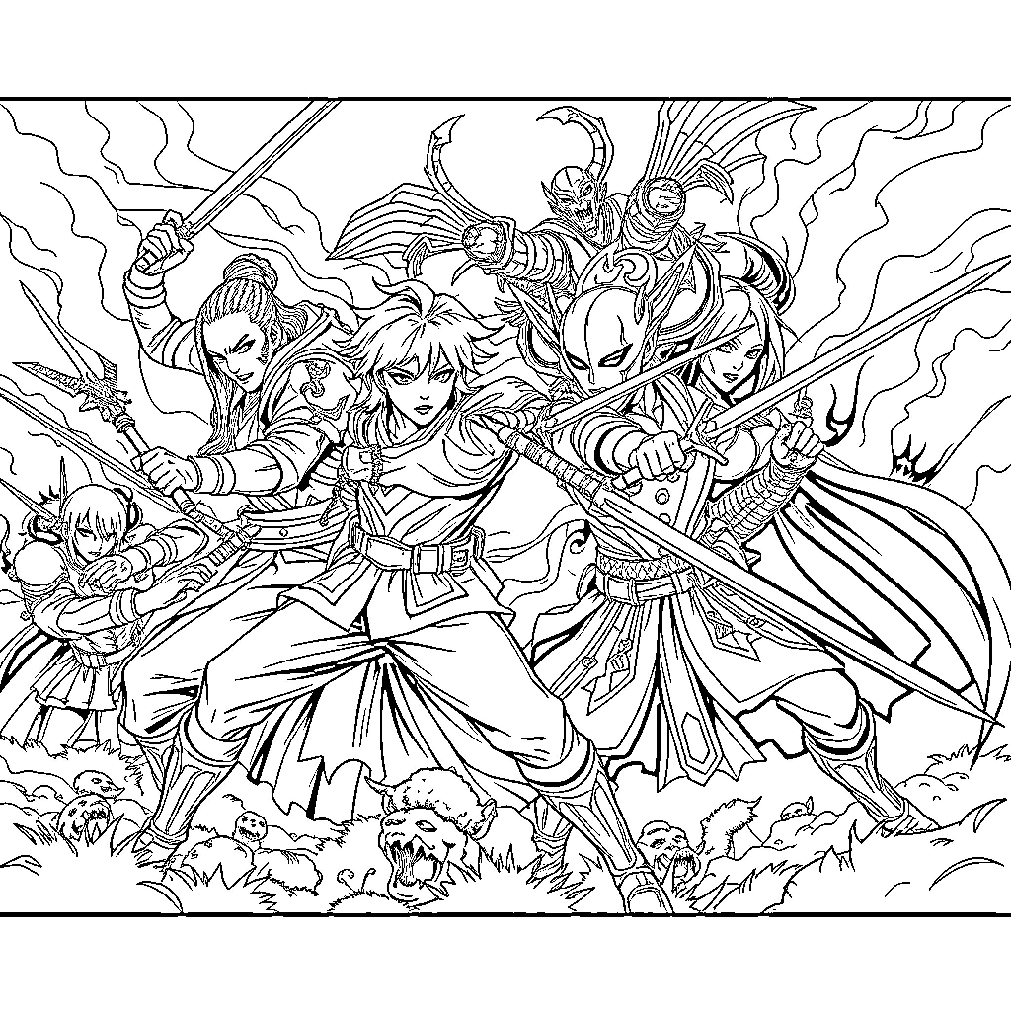 Kpop Warriors in Fierce Battle Coloring Page (free black-and-white line drawing printable PDF for all, from beginners to advanced learners, including children, teens, adults, and seniors)