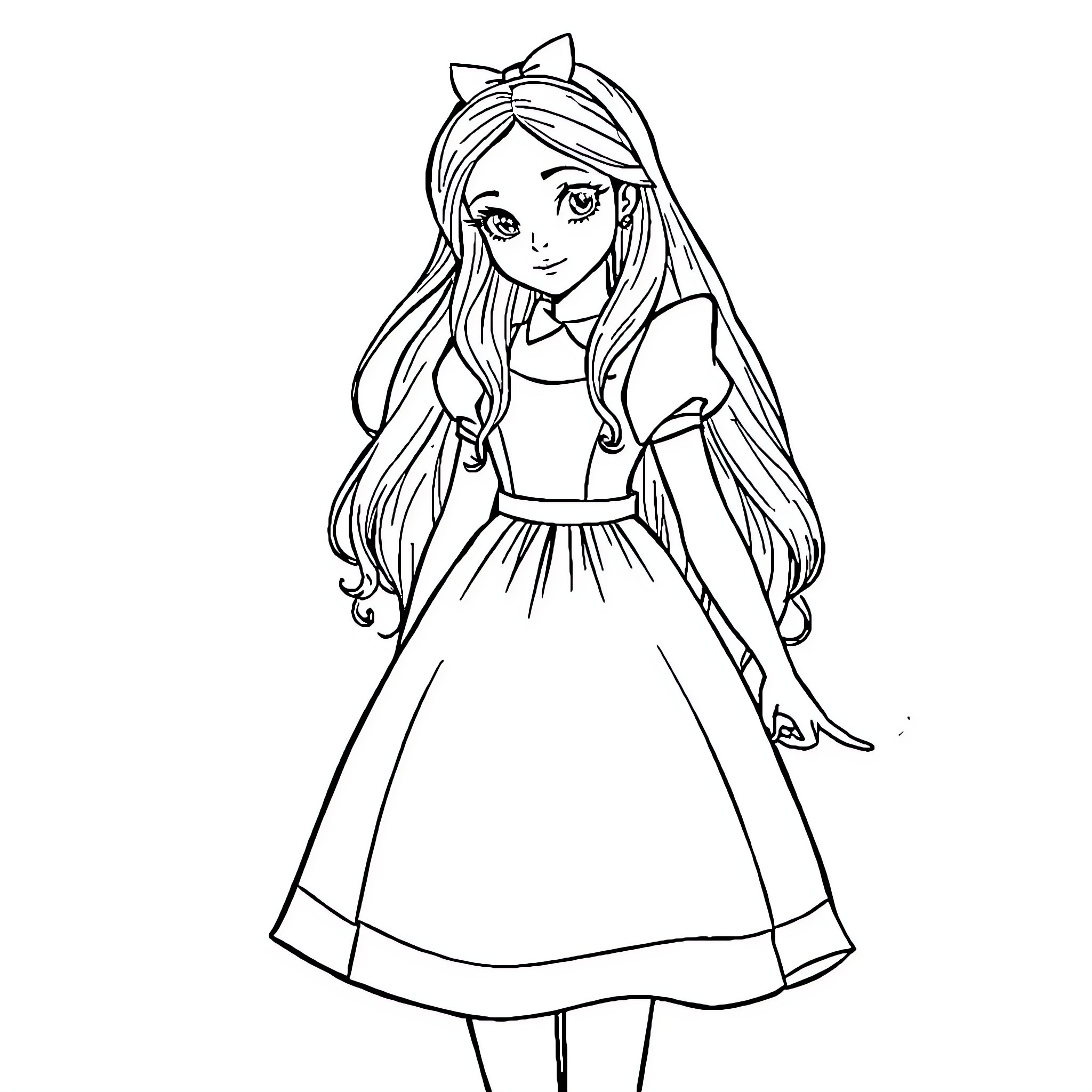 Alice in a lovely dress with flowing hair Coloring Page (free black-and-white line drawing printable PDF for all, from beginners to advanced learners, including children, teens, adults, and seniors)
