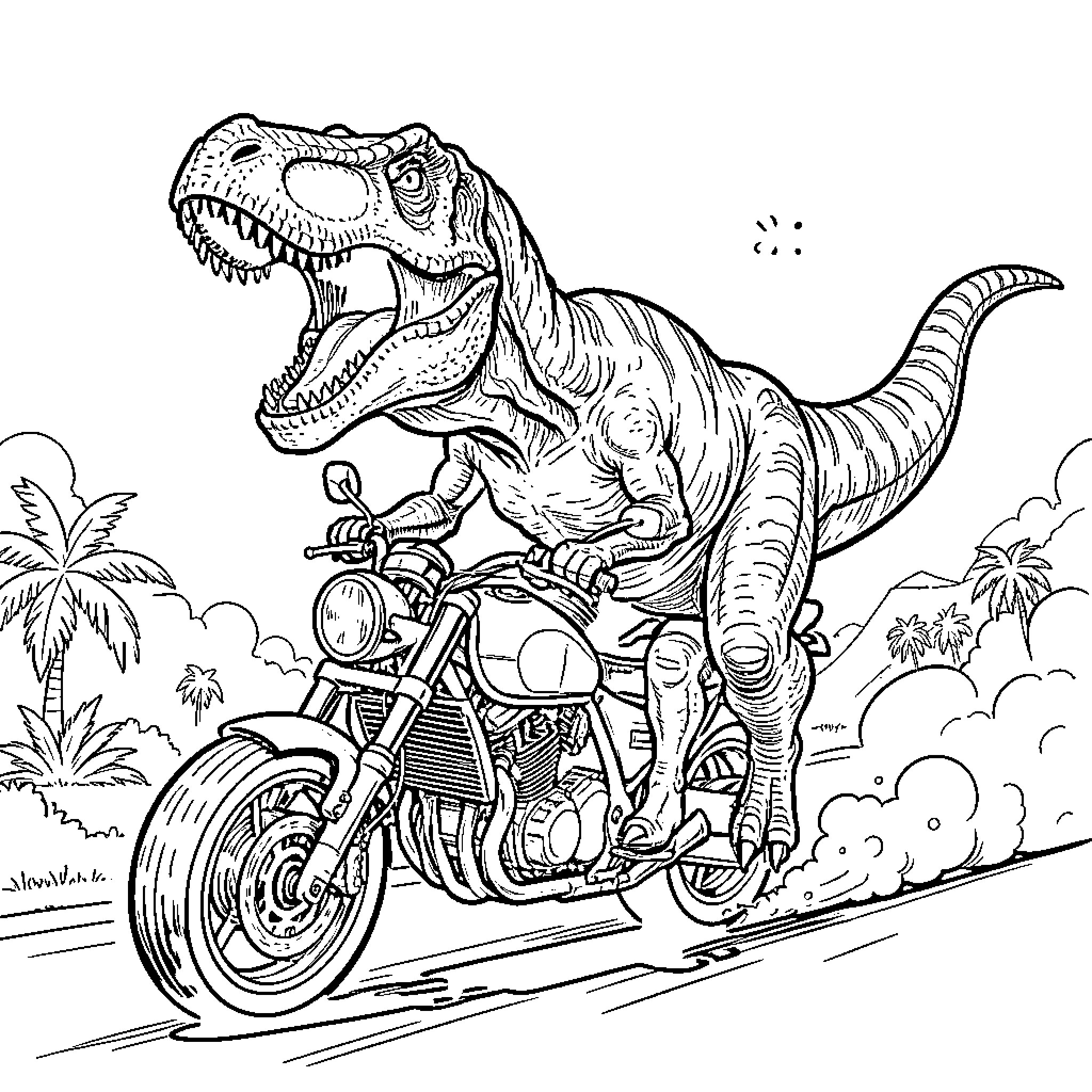 T-Rex riding a motorcycle through a tropical landscape Coloring Page (free black-and-white line drawing printable PDF for all, from beginners to advanced learners, including children, teens, adults, and seniors)