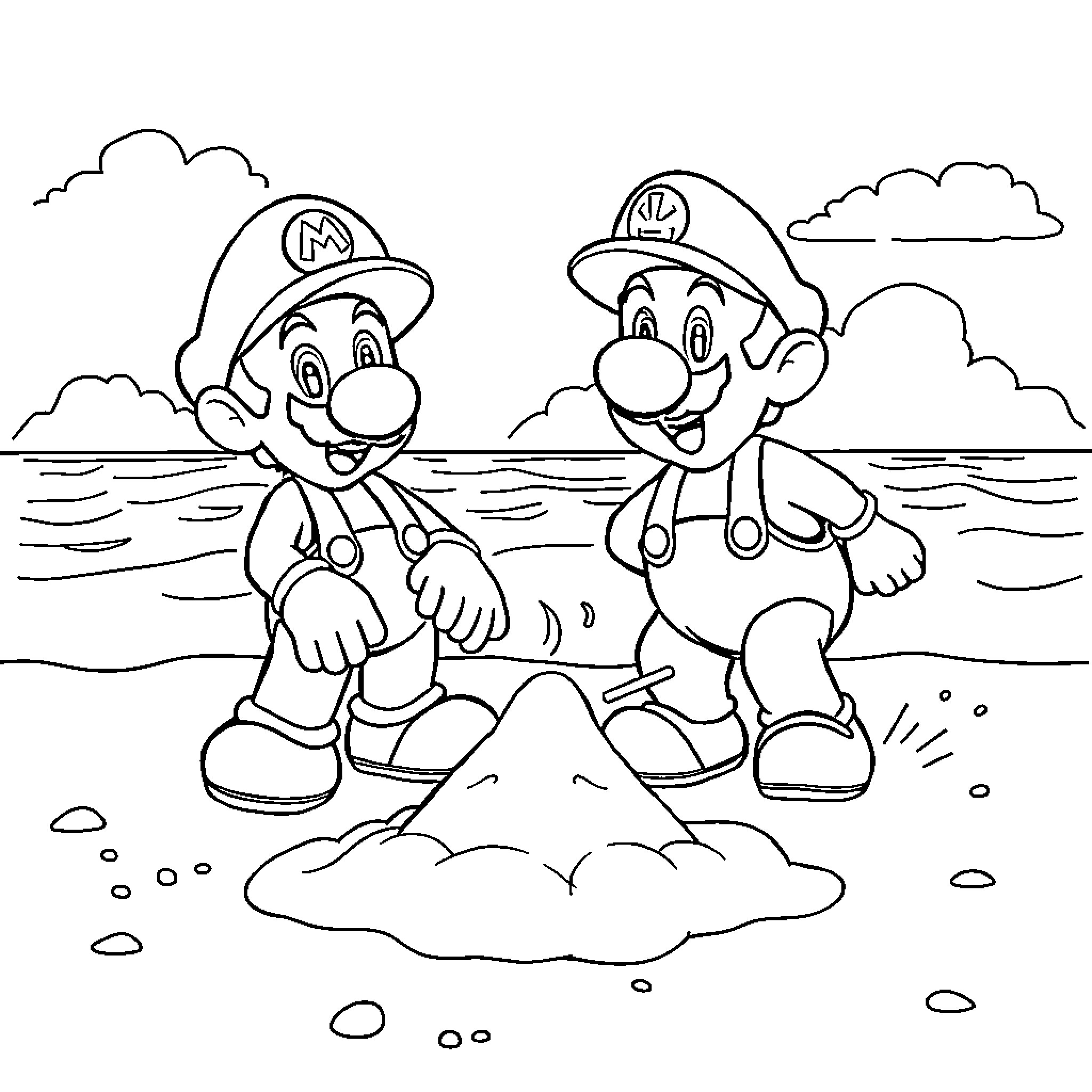 Mario Brothers Exploring Adventurously Outdoors Coloring Page (free black-and-white line drawing printable PDF for all, from beginners to advanced learners, including children, teens, adults, and seniors)
