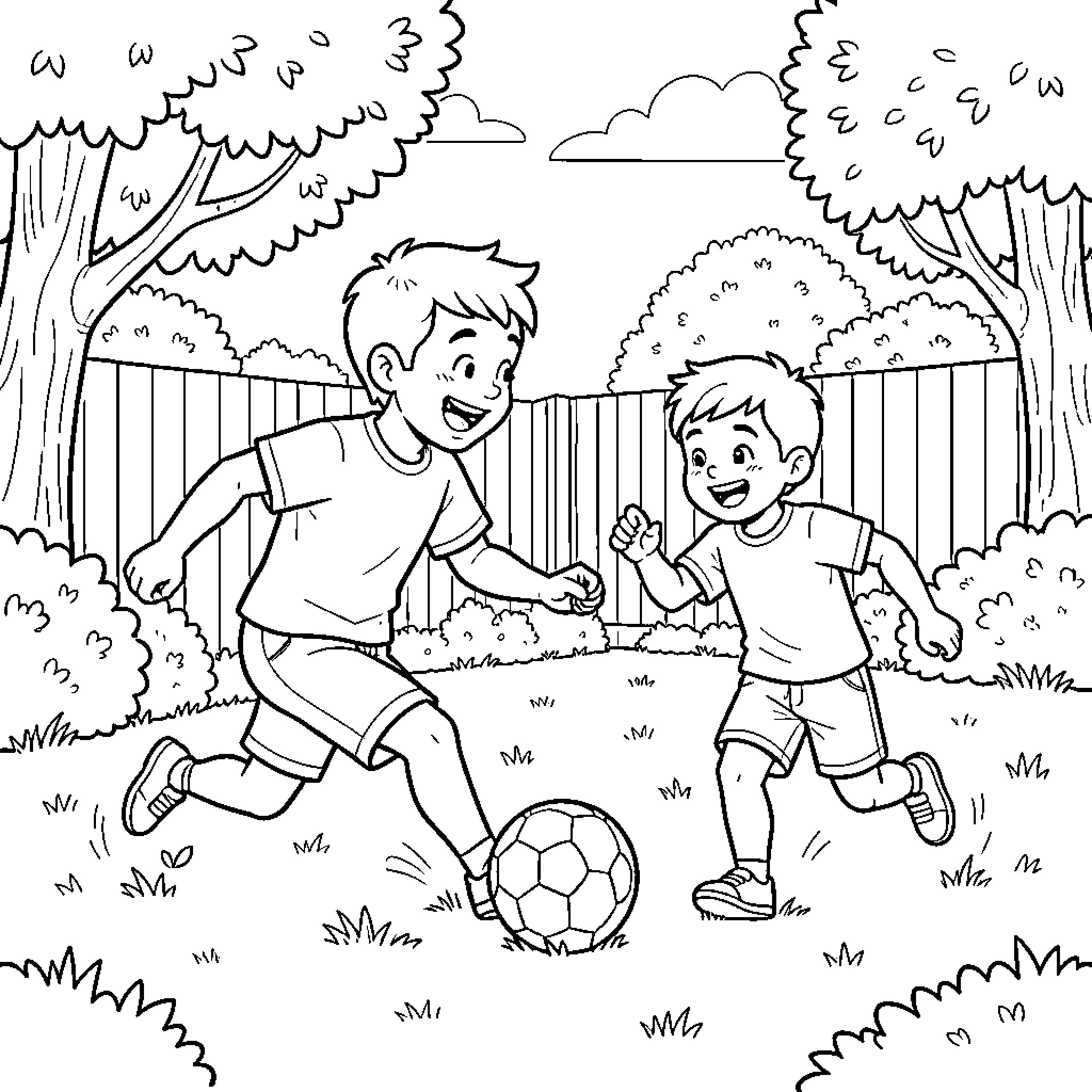 Father and son playing soccer in the backyard Coloring Page (free black-and-white line drawing printable PDF for all, from beginners to advanced learners, including children, teens, adults, and seniors)