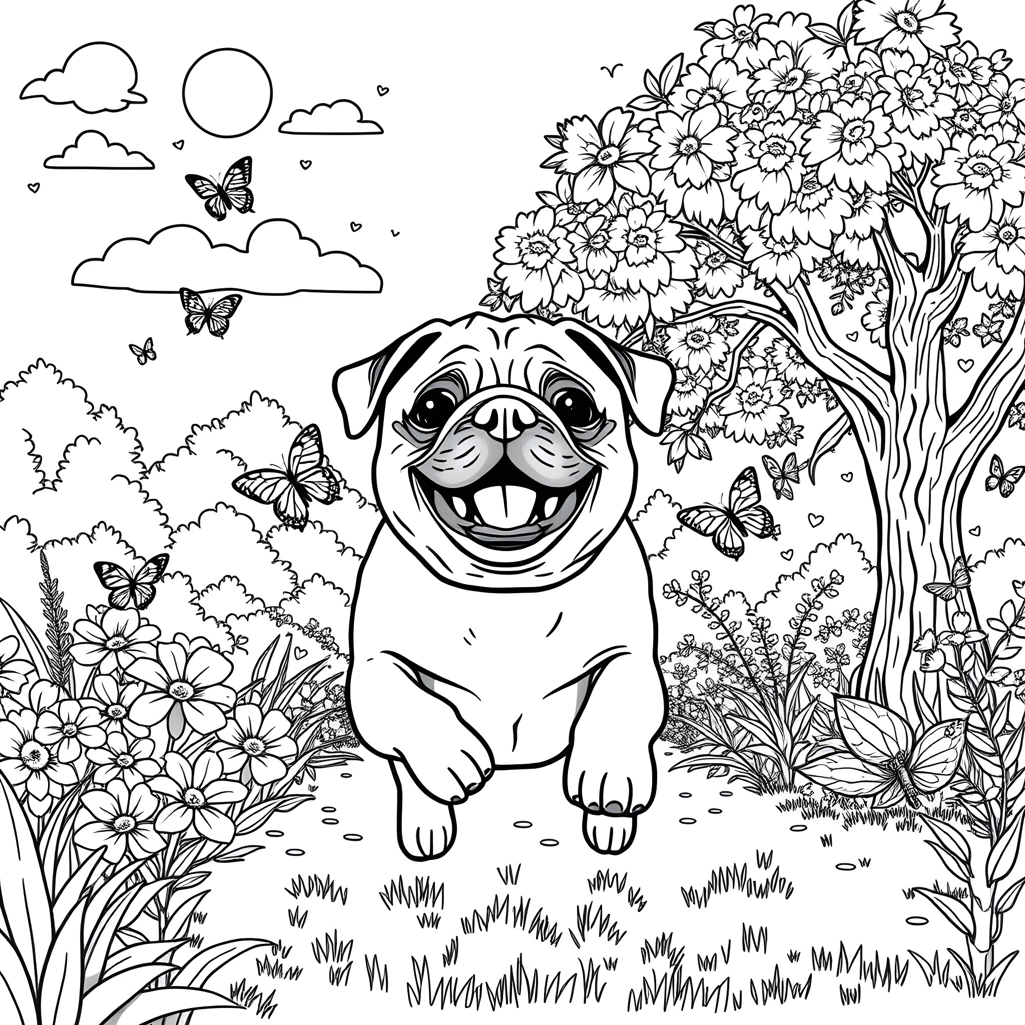 Pug enjoying a blooming garden with butterflies Coloring Page (free black-and-white line drawing printable PDF for all, from beginners to advanced learners, including children, teens, adults, and seniors)