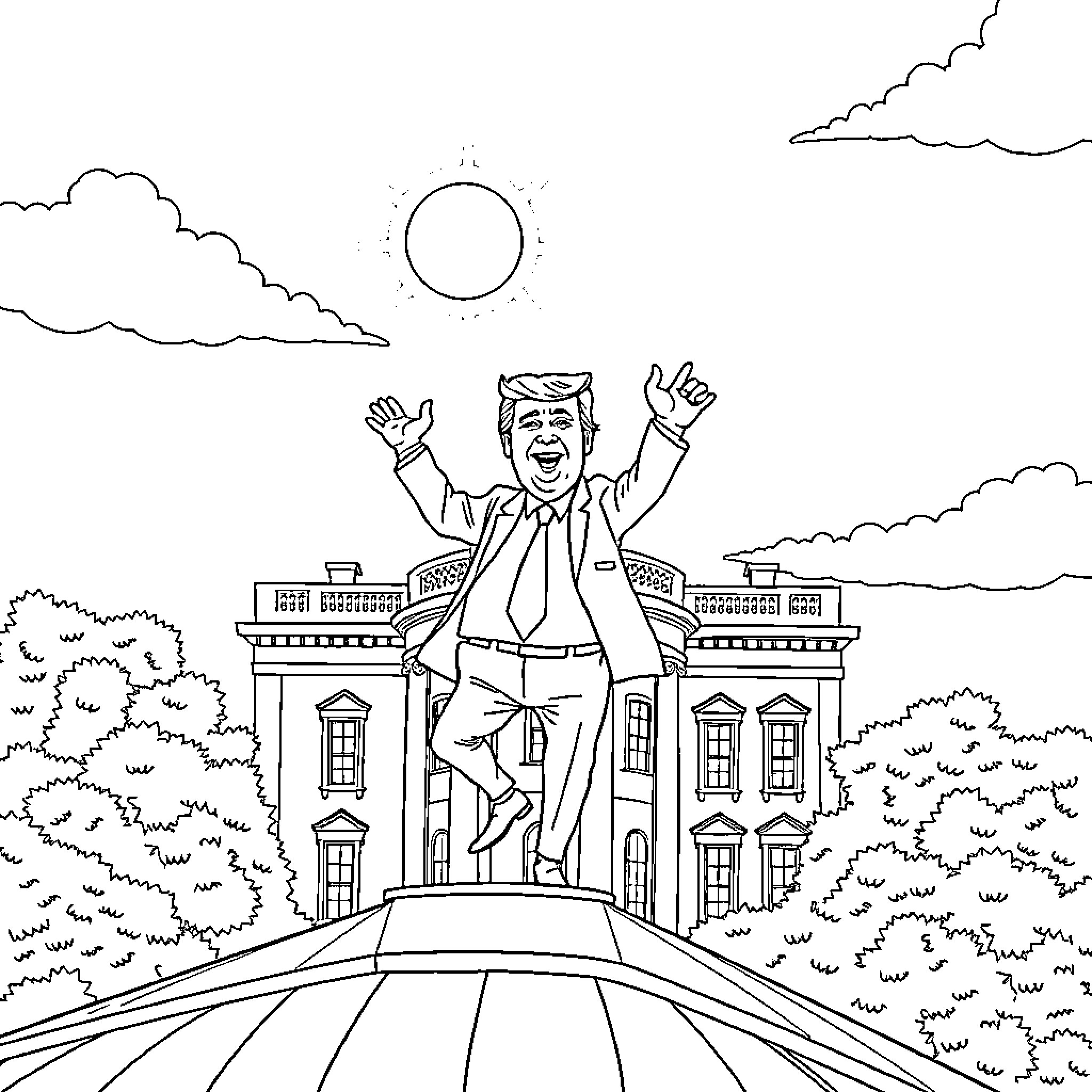 Trump triumphantly gestures on a building against a scenic backdrop Coloring Page (free black-and-white line drawing printable PDF for all, from beginners to advanced learners, including children, teens, adults, and seniors)