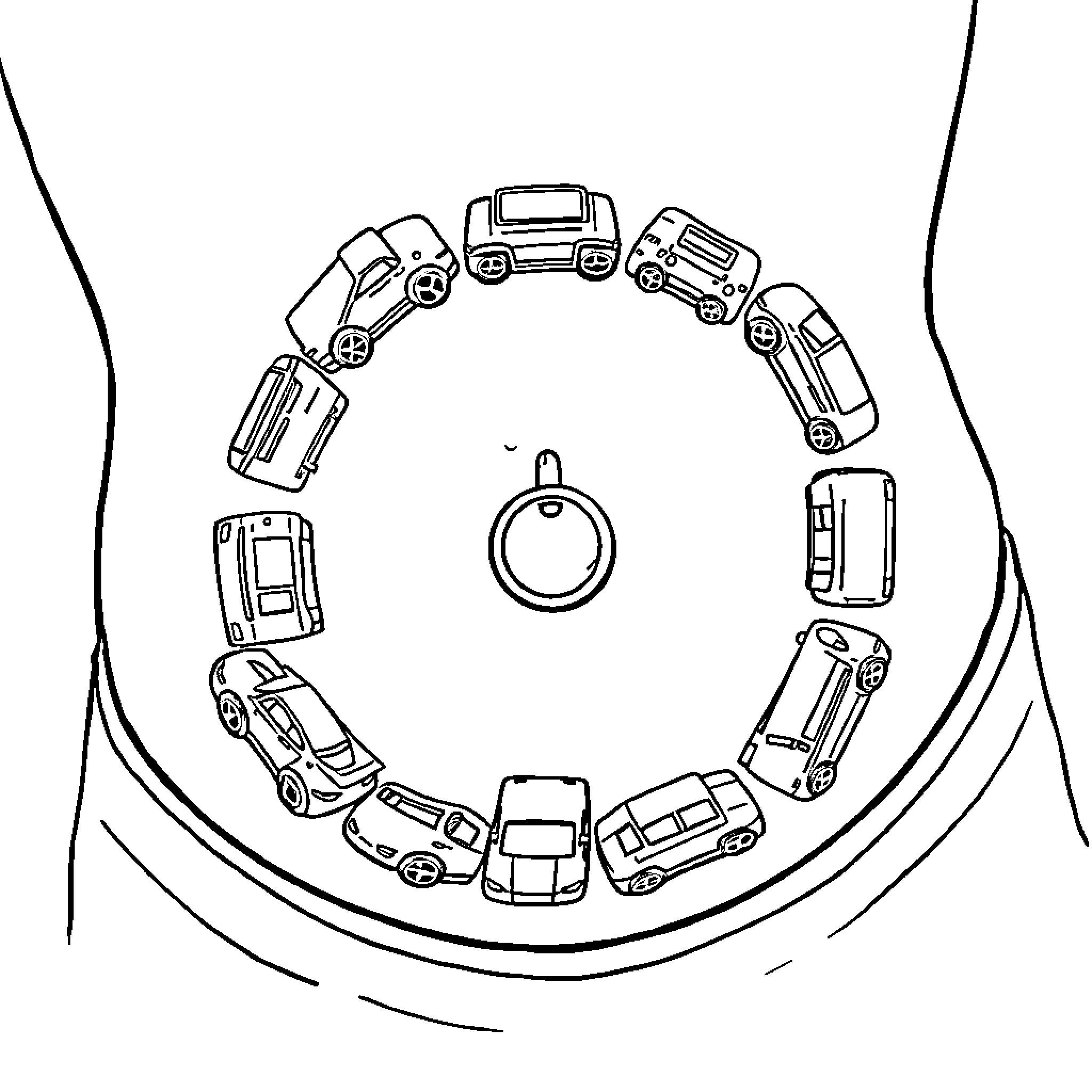 Car toys arranged in a circular pattern Coloring Page (free black-and-white line drawing printable PDF for all, from beginners to advanced learners, including children, teens, adults, and seniors)