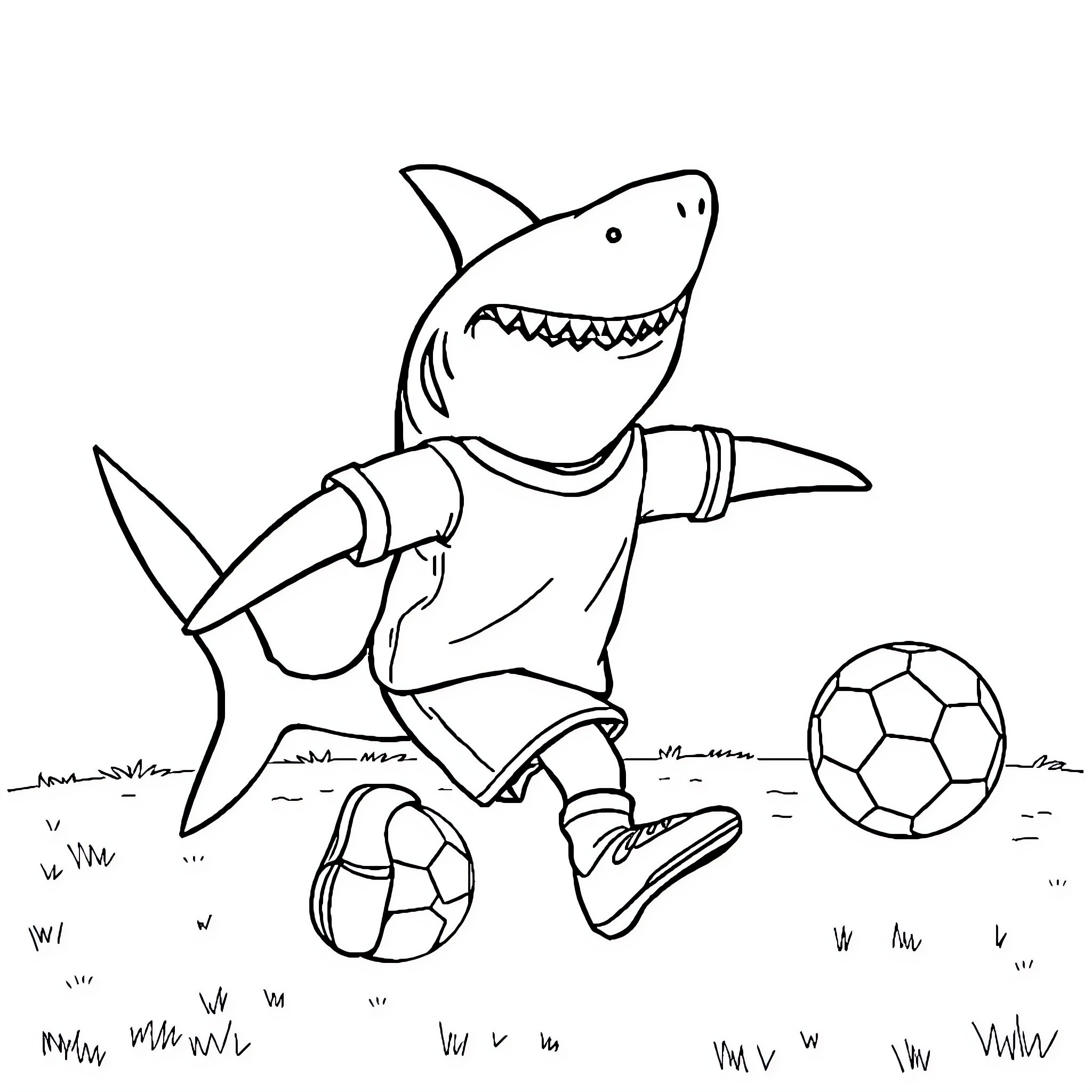 Shark playing soccer on the beach Coloring Page (free black-and-white line drawing printable PDF for all, from beginners to advanced learners, including children, teens, adults, and seniors)