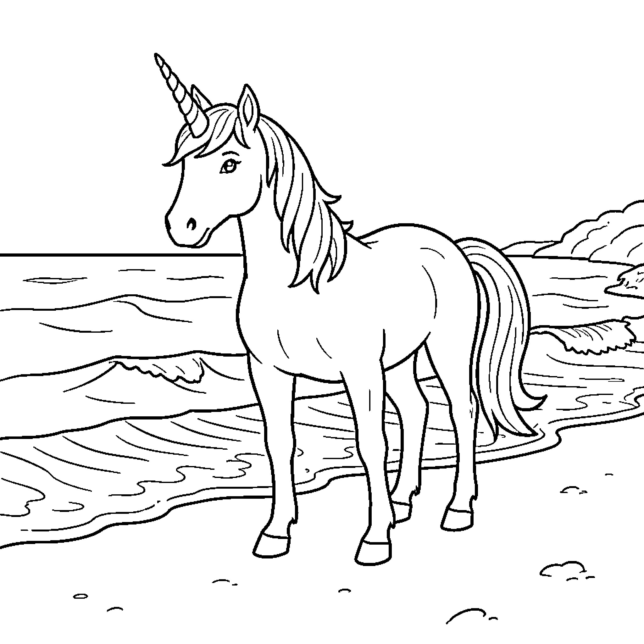 Unicorn standing peacefully on a sandy beach Coloring Page (free black-and-white line drawing printable PDF for all, from beginners to advanced learners, including children, teens, adults, and seniors)