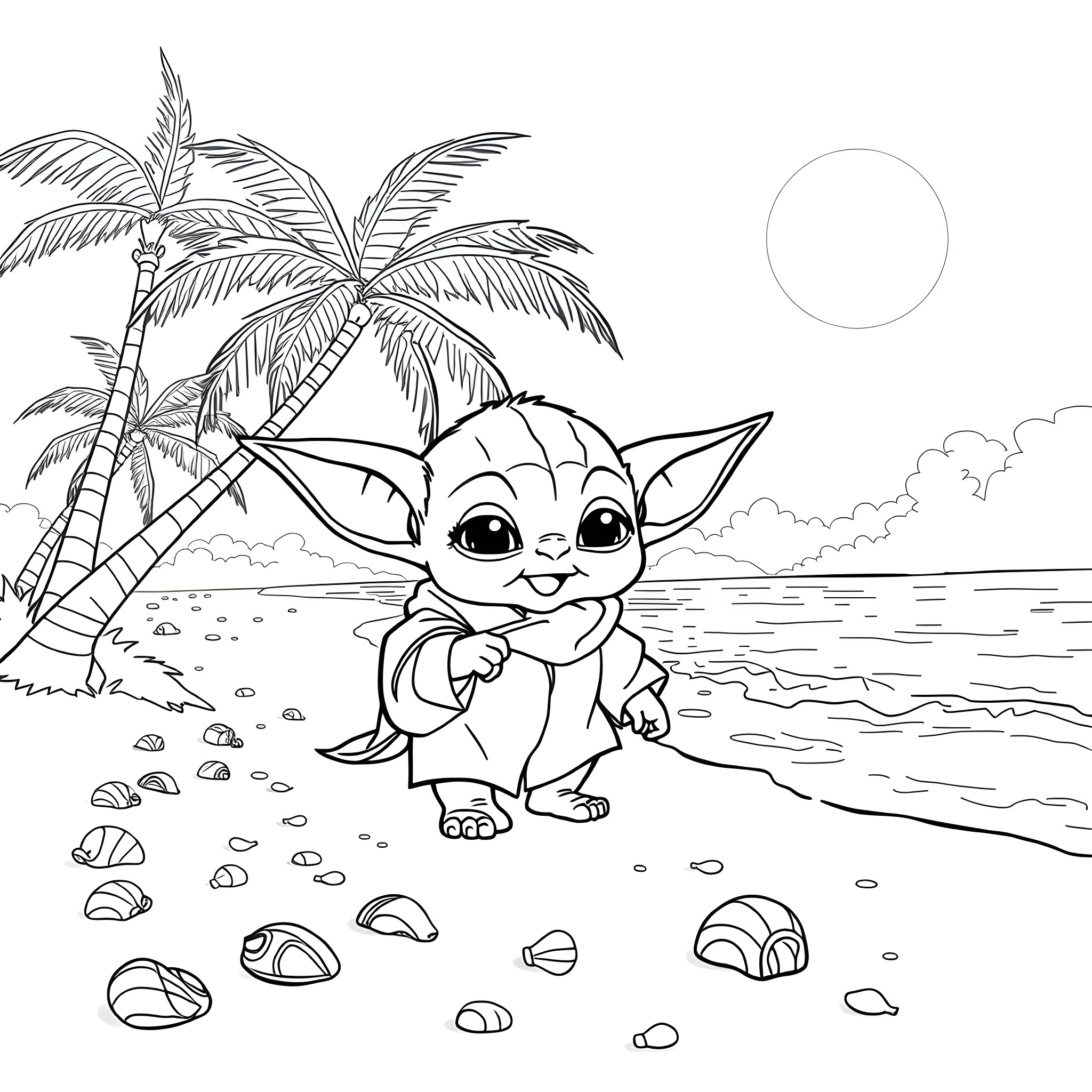 Baby Yoda enjoying the beach scenery Coloring Page (free black-and-white line drawing printable PDF for all, from beginners to advanced learners, including children, teens, adults, and seniors)