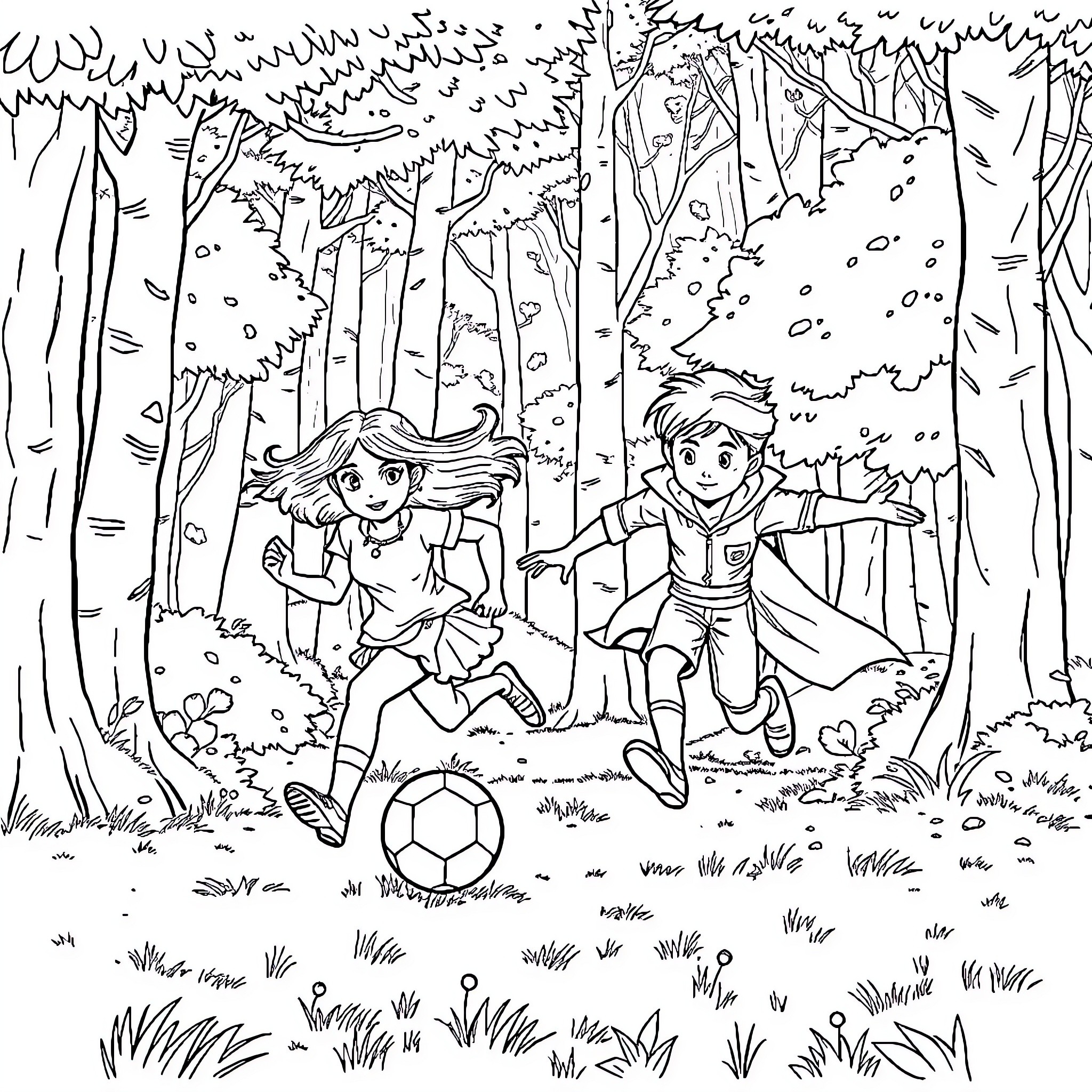Mercredi: Children playing soccer in the forest Coloring Page (free black-and-white line drawing printable PDF for all, from beginners to advanced learners, including children, teens, adults, and seniors)