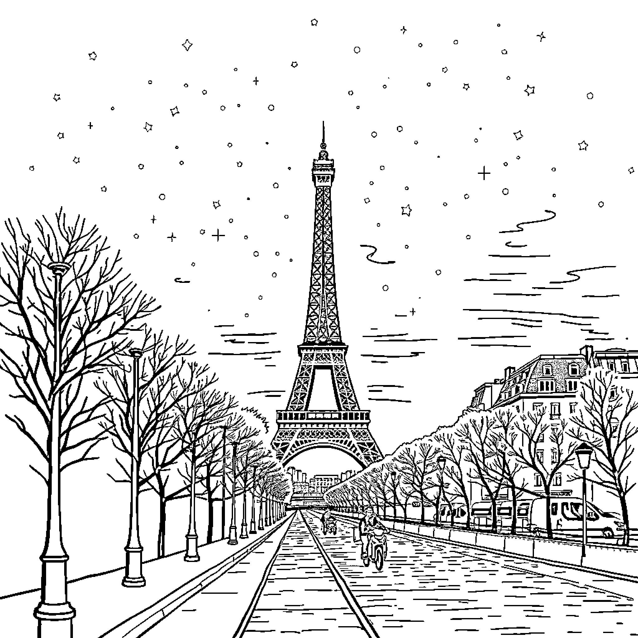 Paris scene with Eiffel Tower and snowy landscape Coloring Page (free black-and-white line drawing printable PDF for all, from beginners to advanced learners, including children, teens, adults, and seniors)