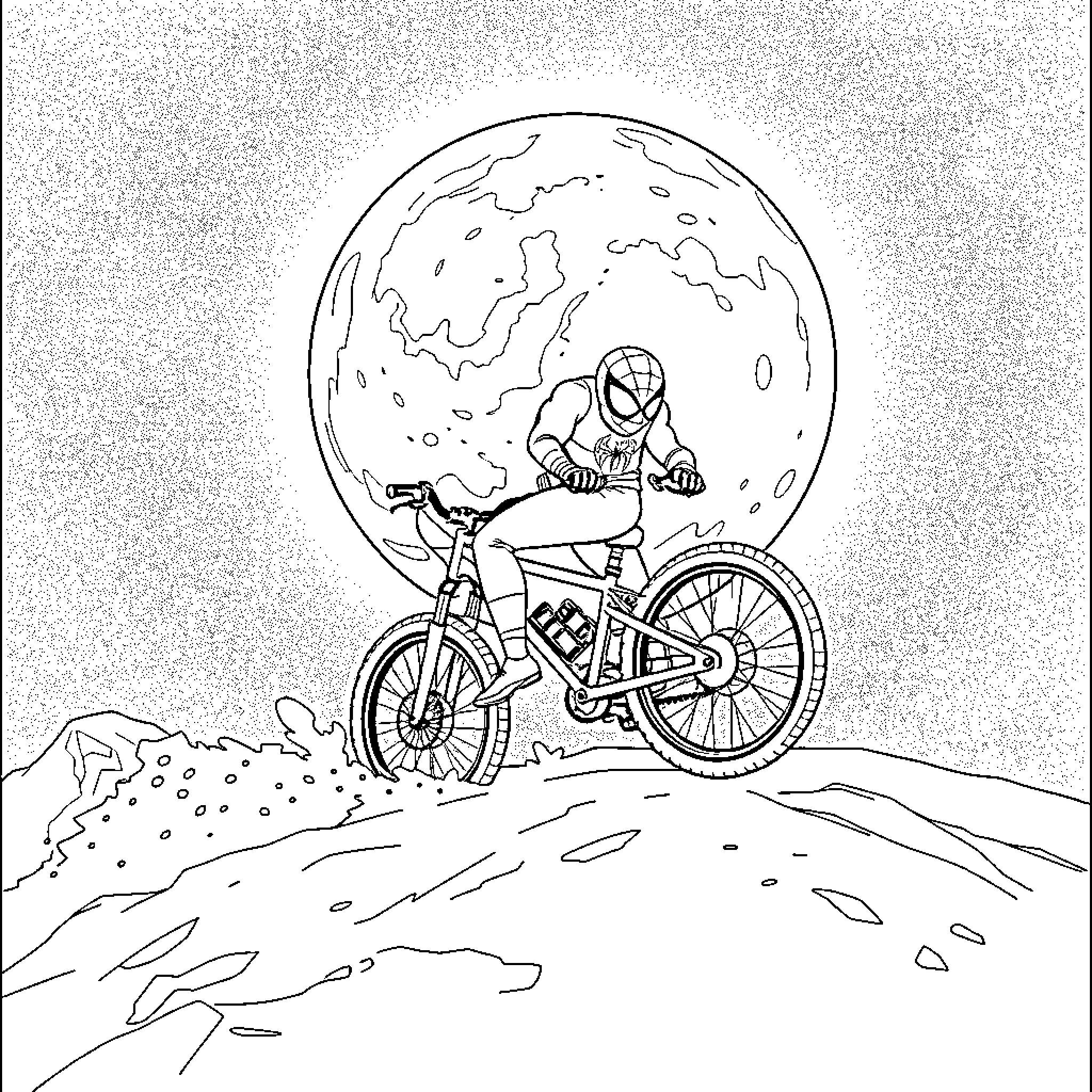 Spiderman riding a bicycle under the moonlight Coloring Page (free black-and-white line drawing printable PDF for all, from beginners to advanced learners, including children, teens, adults, and seniors)