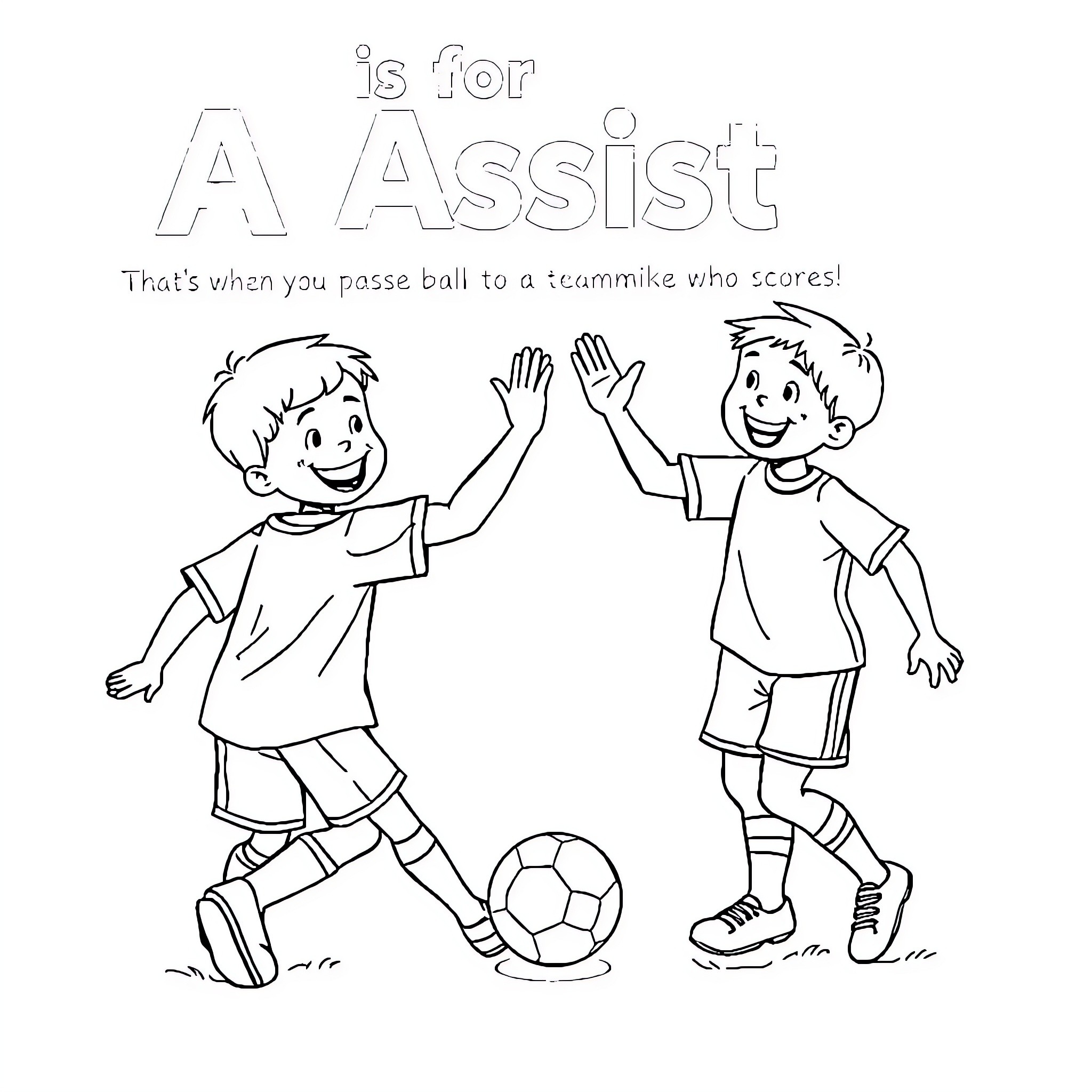 Soccer players celebrating a goal together Coloring Page (free black-and-white line drawing printable PDF for all, from beginners to advanced learners, including children, teens, adults, and seniors)