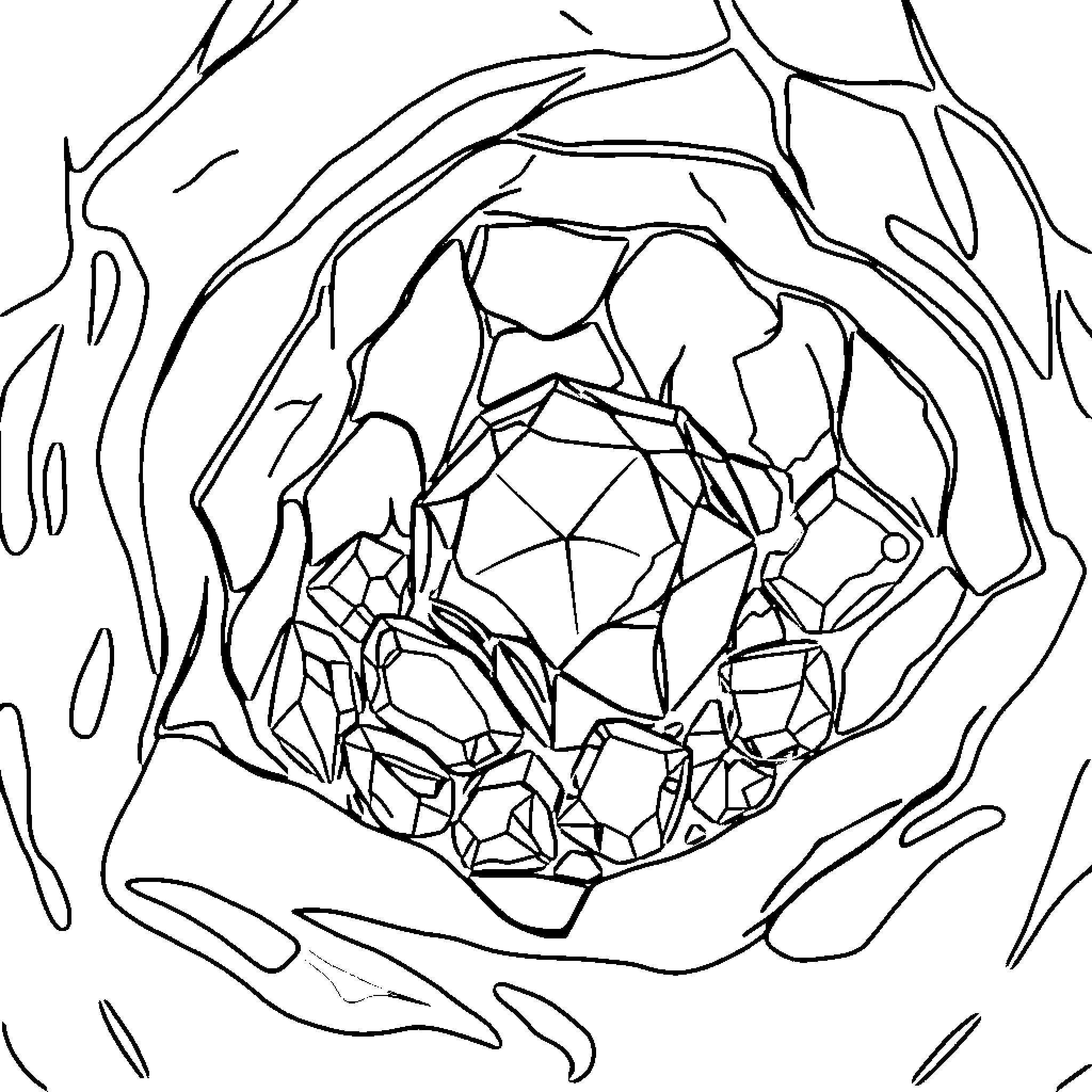 Gem of Abstract Crystalline Formation Coloring Page (free black-and-white line drawing printable PDF for all, from beginners to advanced learners, including children, teens, adults, and seniors)