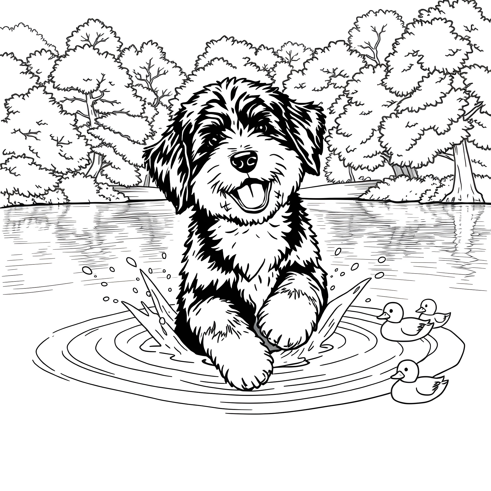 Bernedoodle playing happily in the pond with ducklings Coloring Page (free black-and-white line drawing printable PDF for all, from beginners to advanced learners, including children, teens, adults, and seniors)