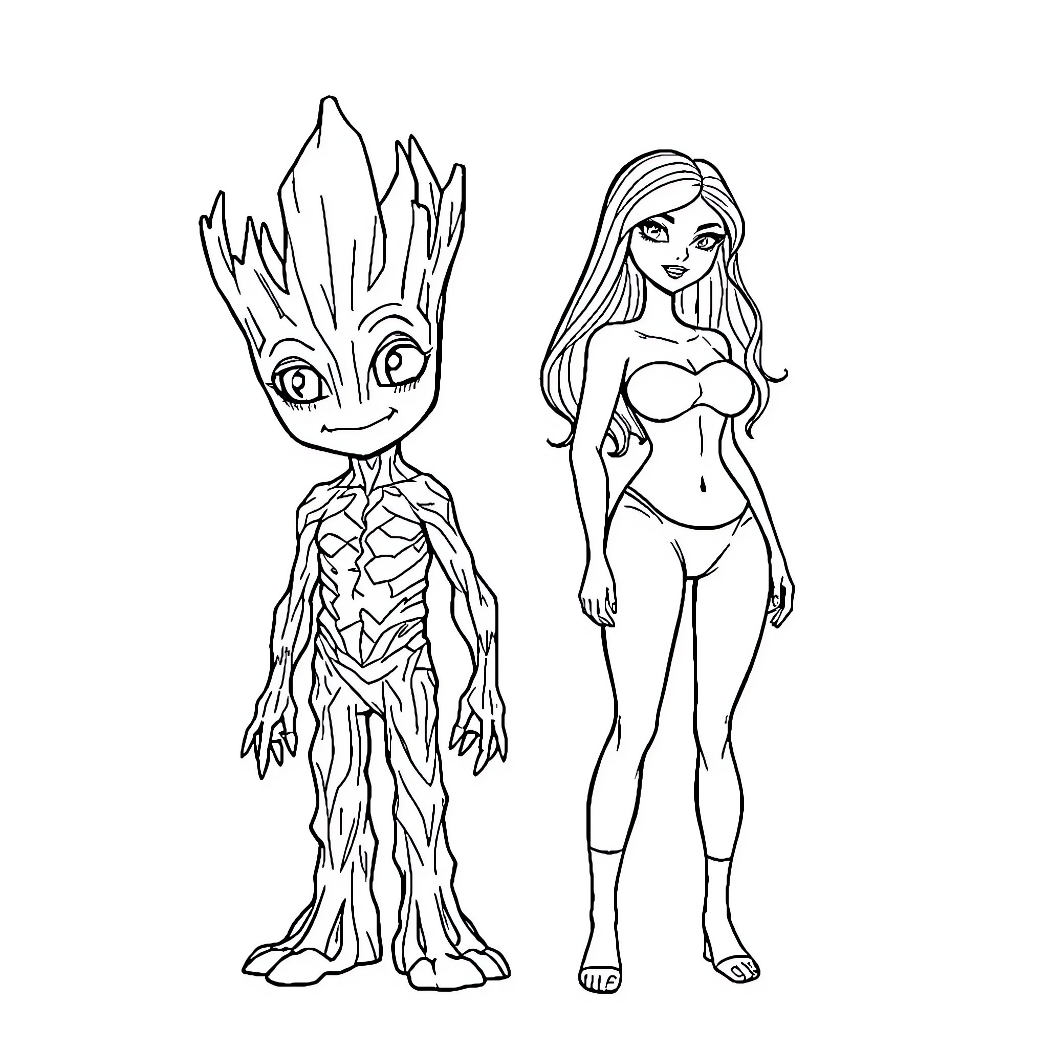 Groot and female character in action-inspired poses Coloring Page (free black-and-white line drawing printable PDF for all, from beginners to advanced learners, including children, teens, adults, and seniors)