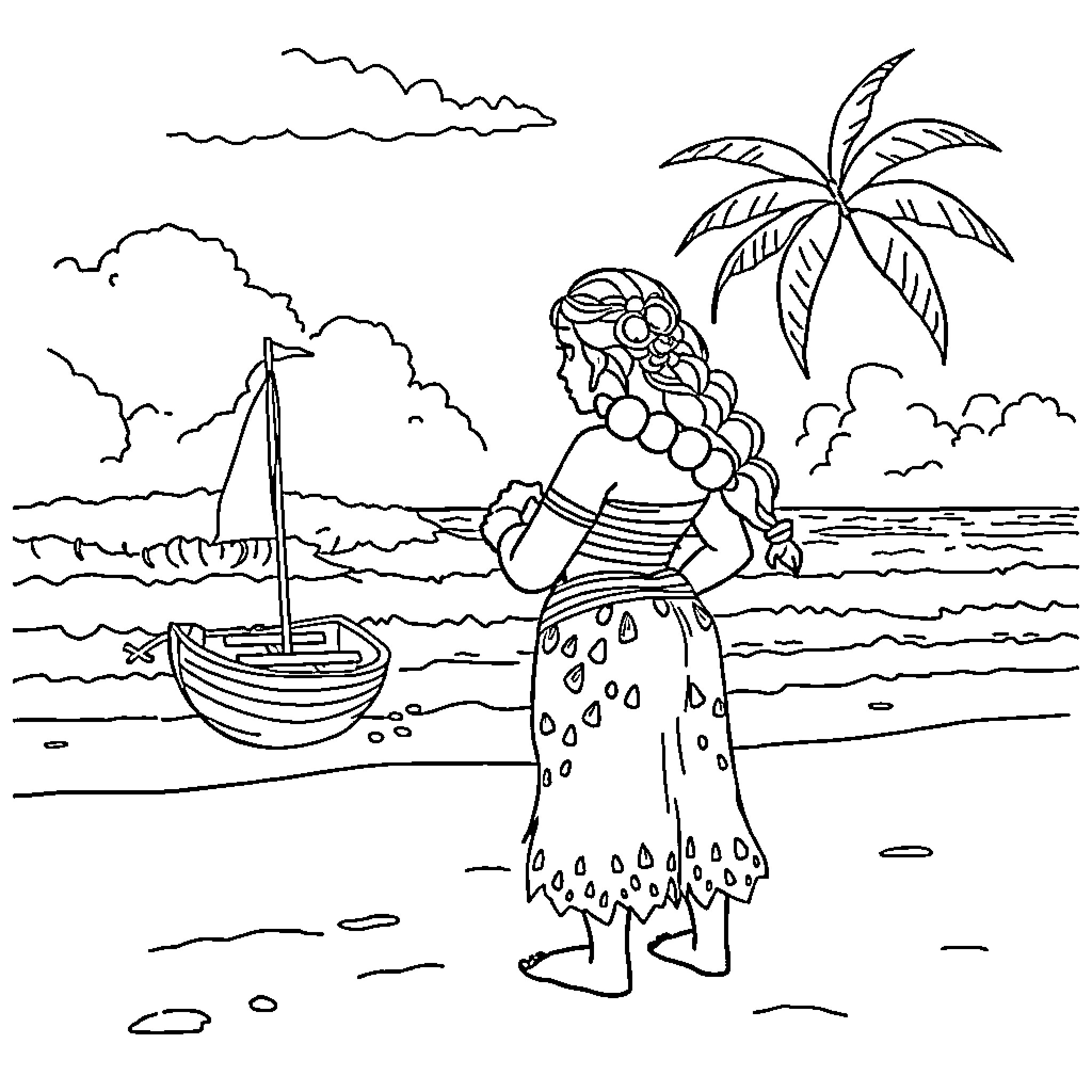 Moana exploring the tropical beach and ocean Coloring Page (free black-and-white line drawing printable PDF for all, from beginners to advanced learners, including children, teens, adults, and seniors)