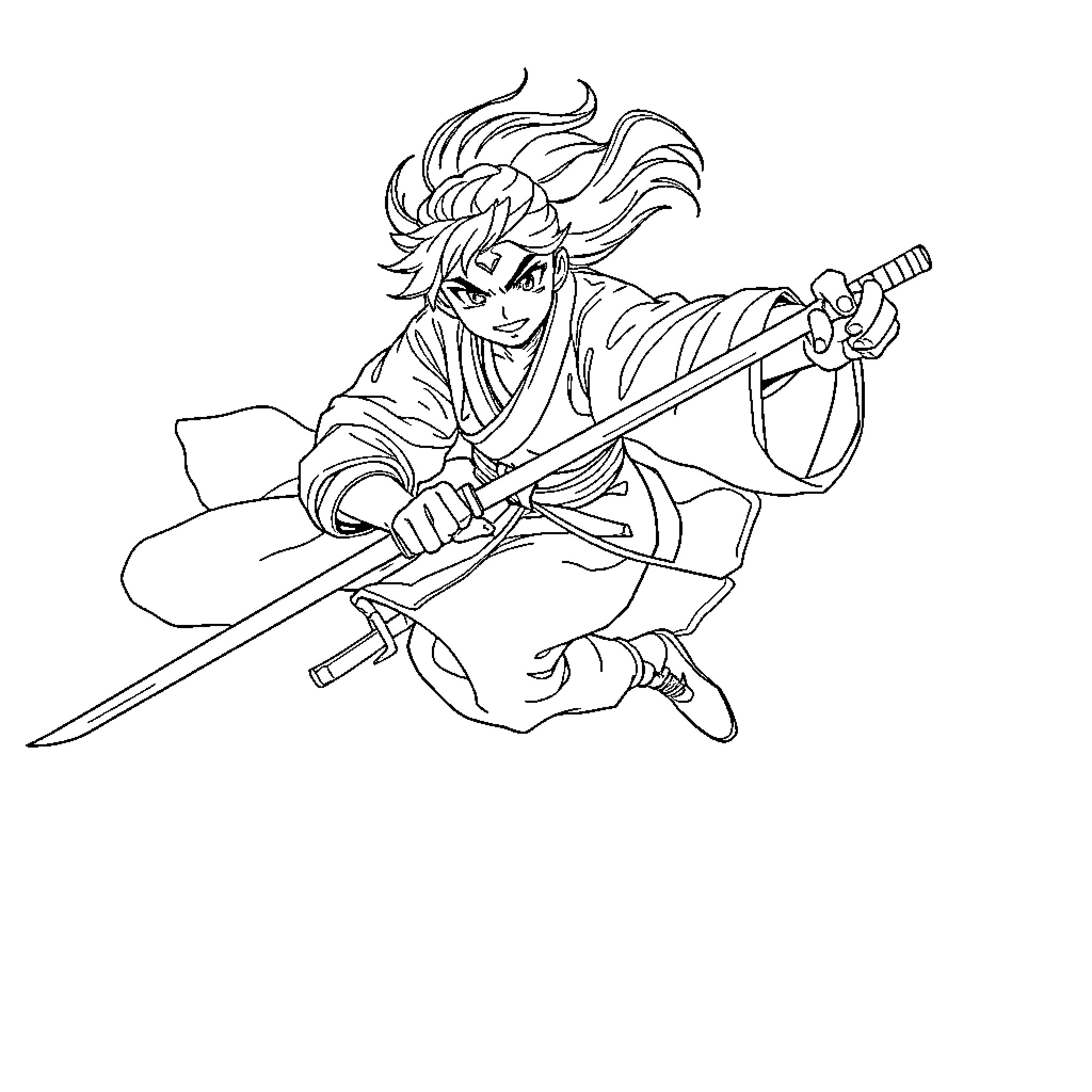 Shinobu's Heroic Sword Stance Coloring Page (free black-and-white line drawing printable PDF for all, from beginners to advanced learners, including children, teens, adults, and seniors)