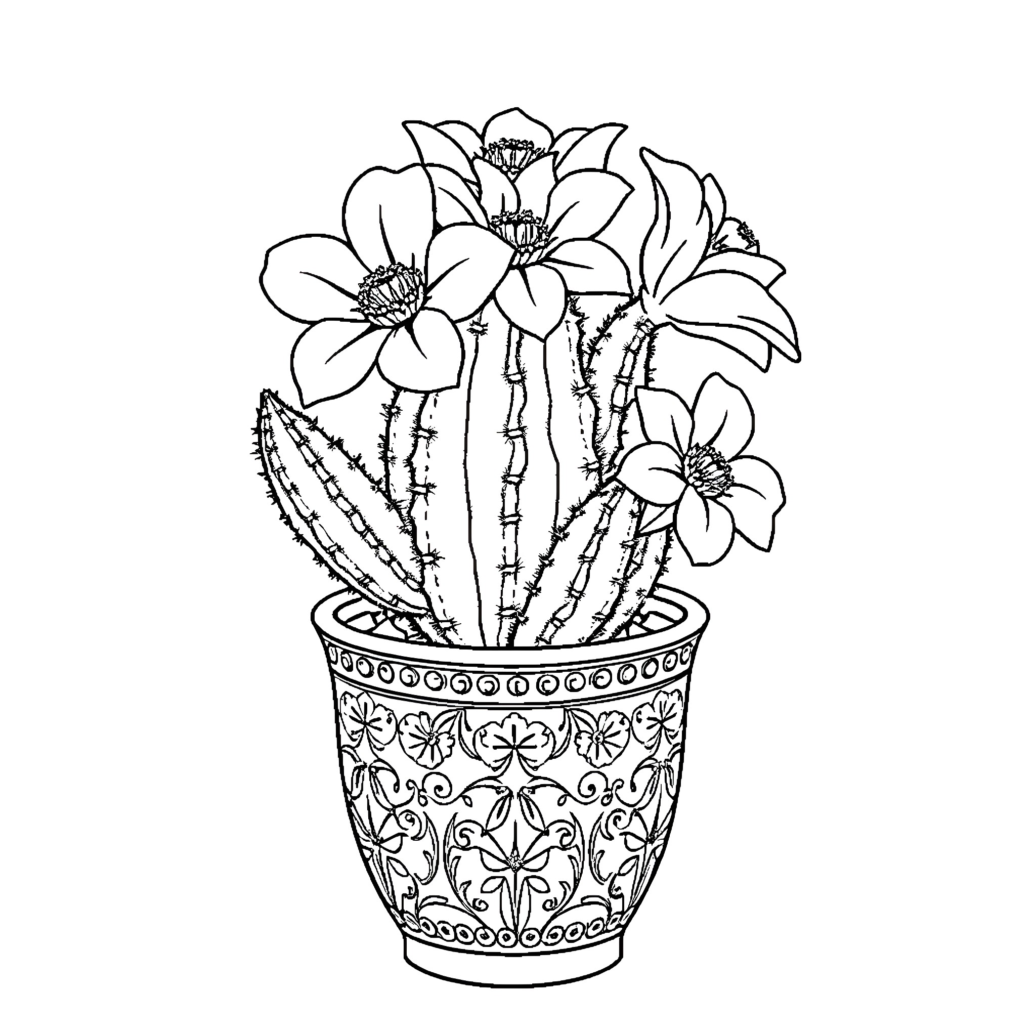 Cactus with Blooming Flowers in Ornate Pot Coloring Page (free black-and-white line drawing printable PDF for all, from beginners to advanced learners, including children, teens, adults, and seniors)