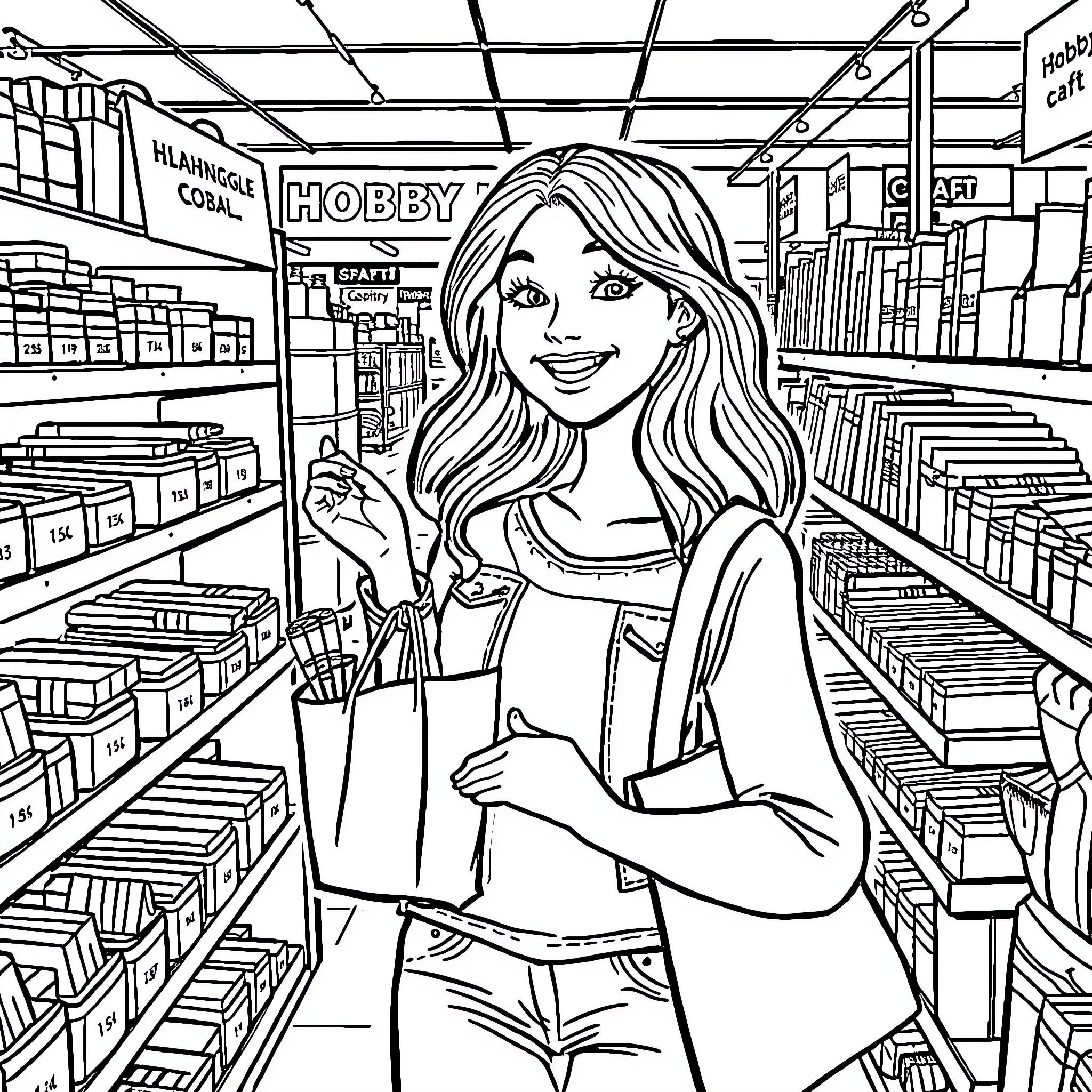 Girl shopping for hobbies at the store Coloring Page (free black-and-white line drawing printable PDF for all, from beginners to advanced learners, including children, teens, adults, and seniors)