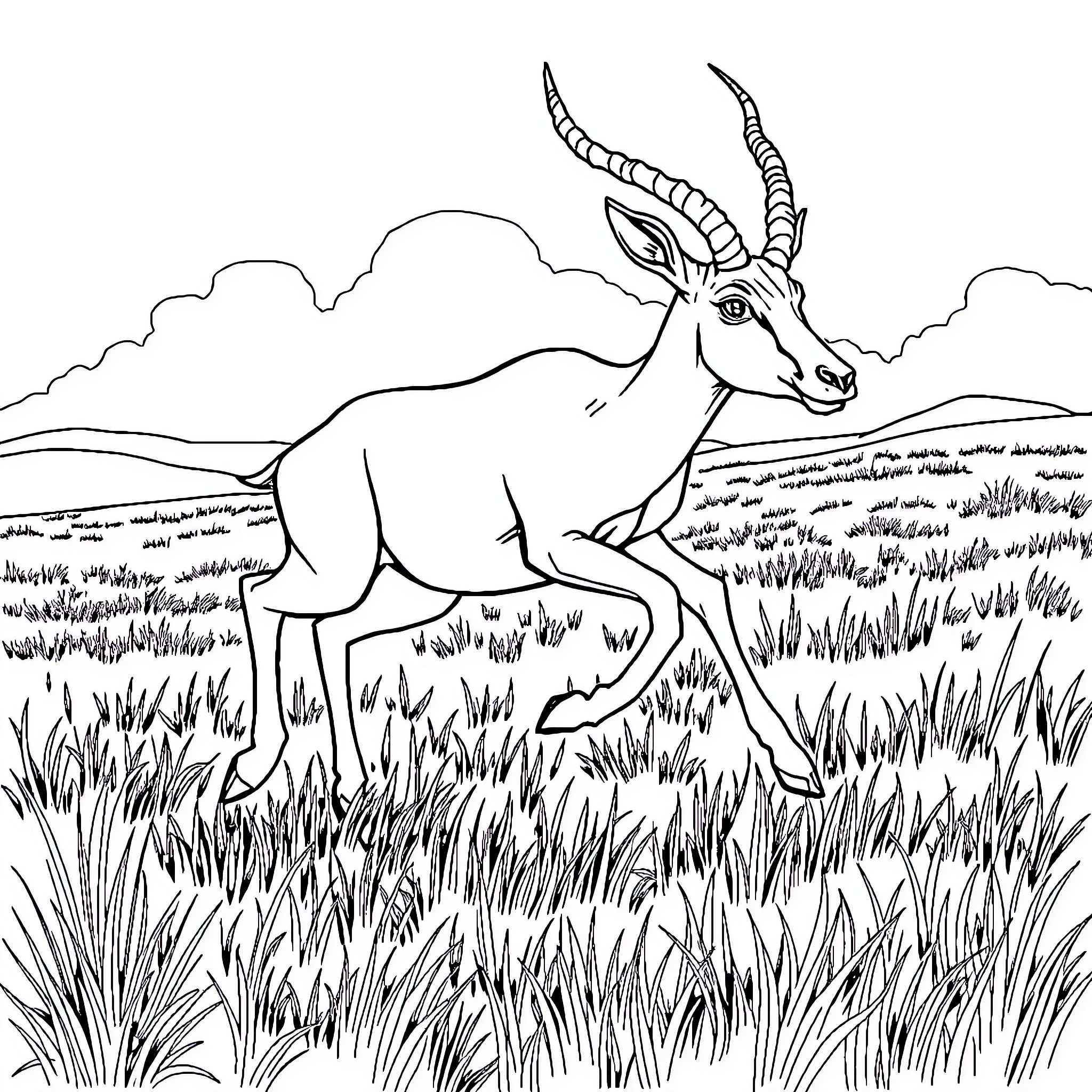 Antelope walking gracefully in the wild grasslands Coloring Page (free black-and-white line drawing printable PDF for all, from beginners to advanced learners, including children, teens, adults, and seniors)