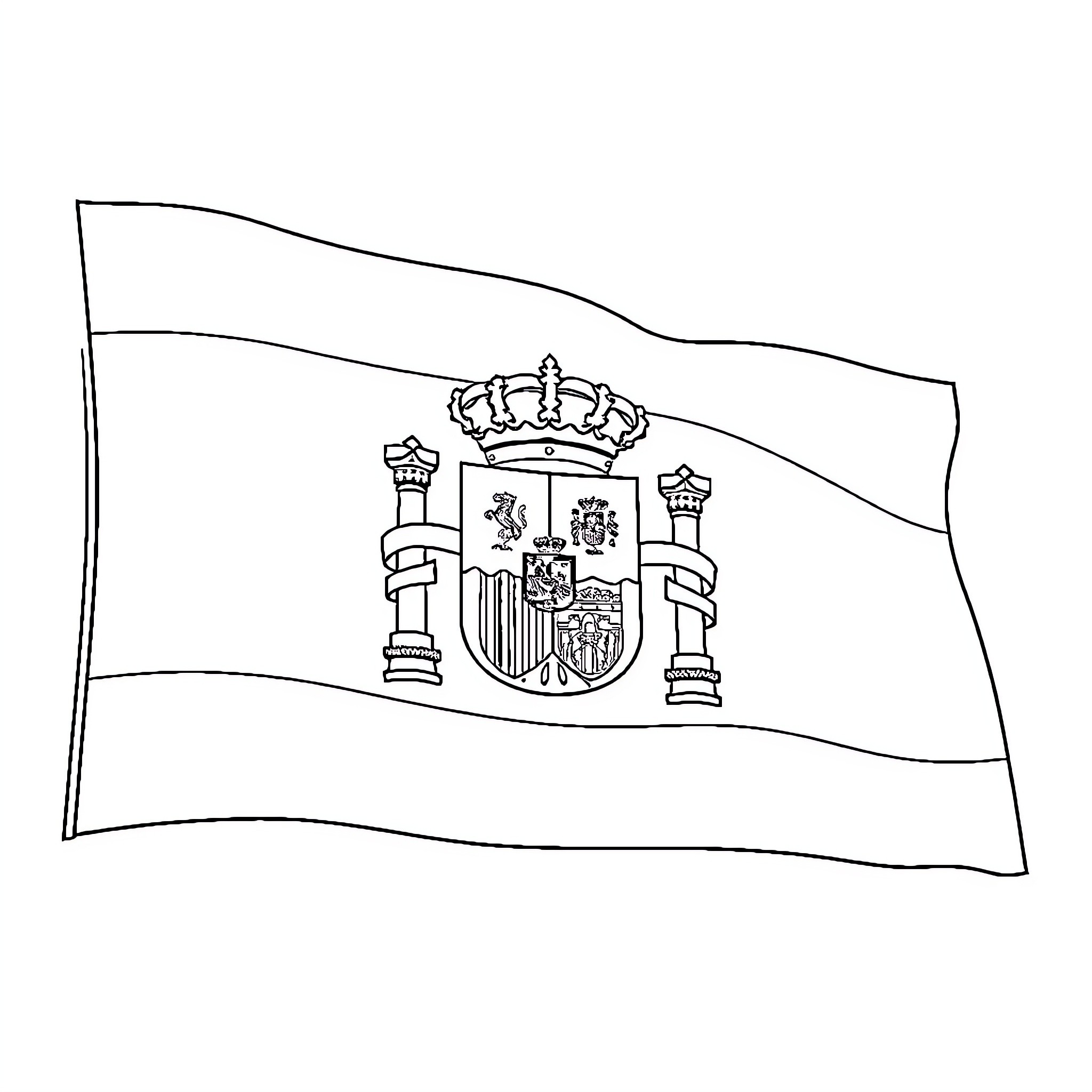Spain Flag with Coat of Arms Coloring Page (free black-and-white line drawing printable PDF for all, from beginners to advanced learners, including children, teens, adults, and seniors)