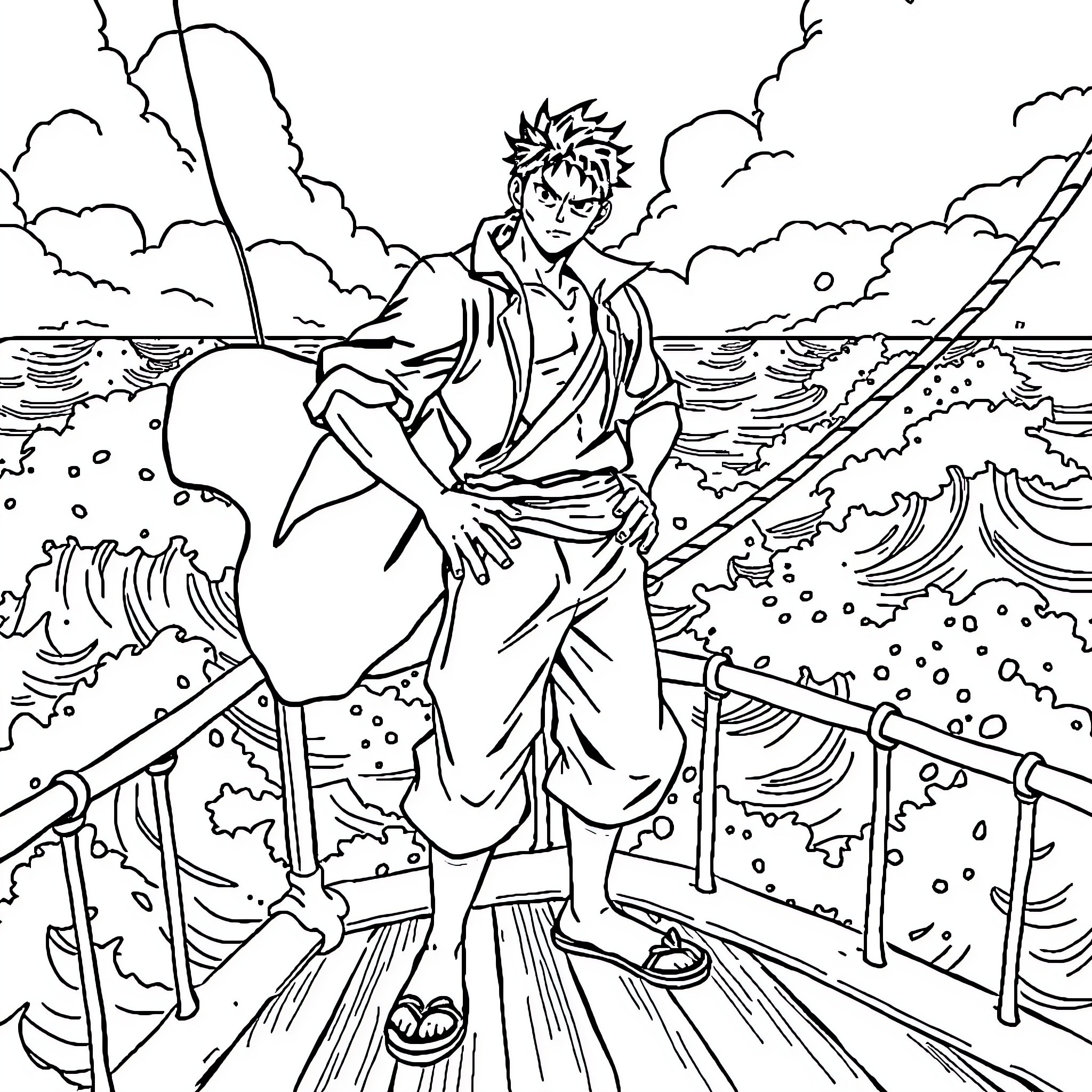 Zoro overlooking the stormy seas Coloring Page (free black-and-white line drawing printable PDF for all, from beginners to advanced learners, including children, teens, adults, and seniors)