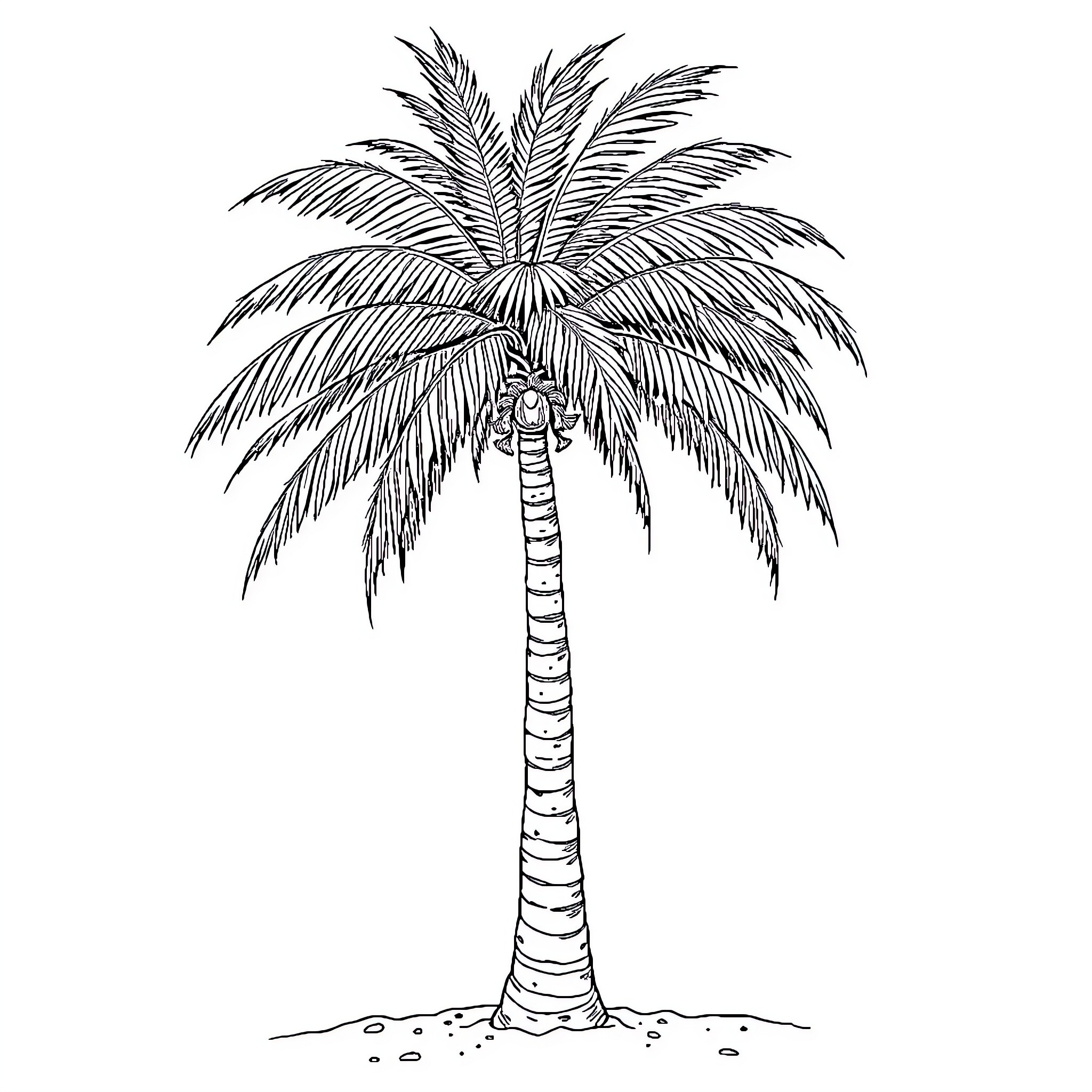 Date Palm Tree with Detailed Fronds Coloring Page (free black-and-white line drawing printable PDF for all, from beginners to advanced learners, including children, teens, adults, and seniors)