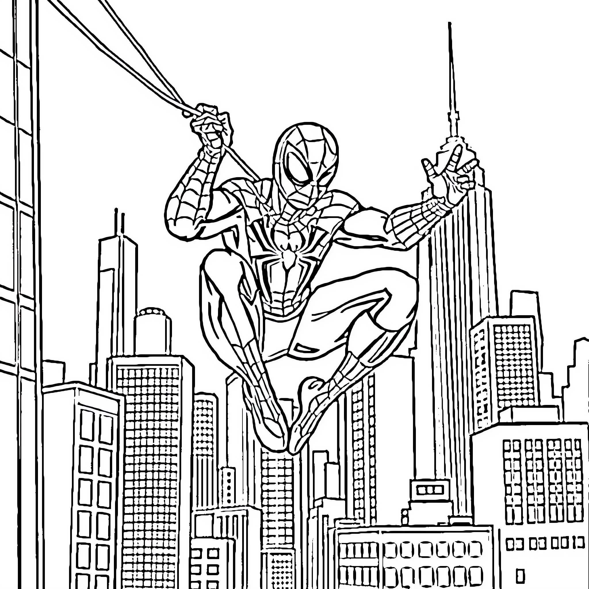 Spiderman swinging through the city skyline Coloring Page (free black-and-white line drawing printable PDF for all, from beginners to advanced learners, including children, teens, adults, and seniors)