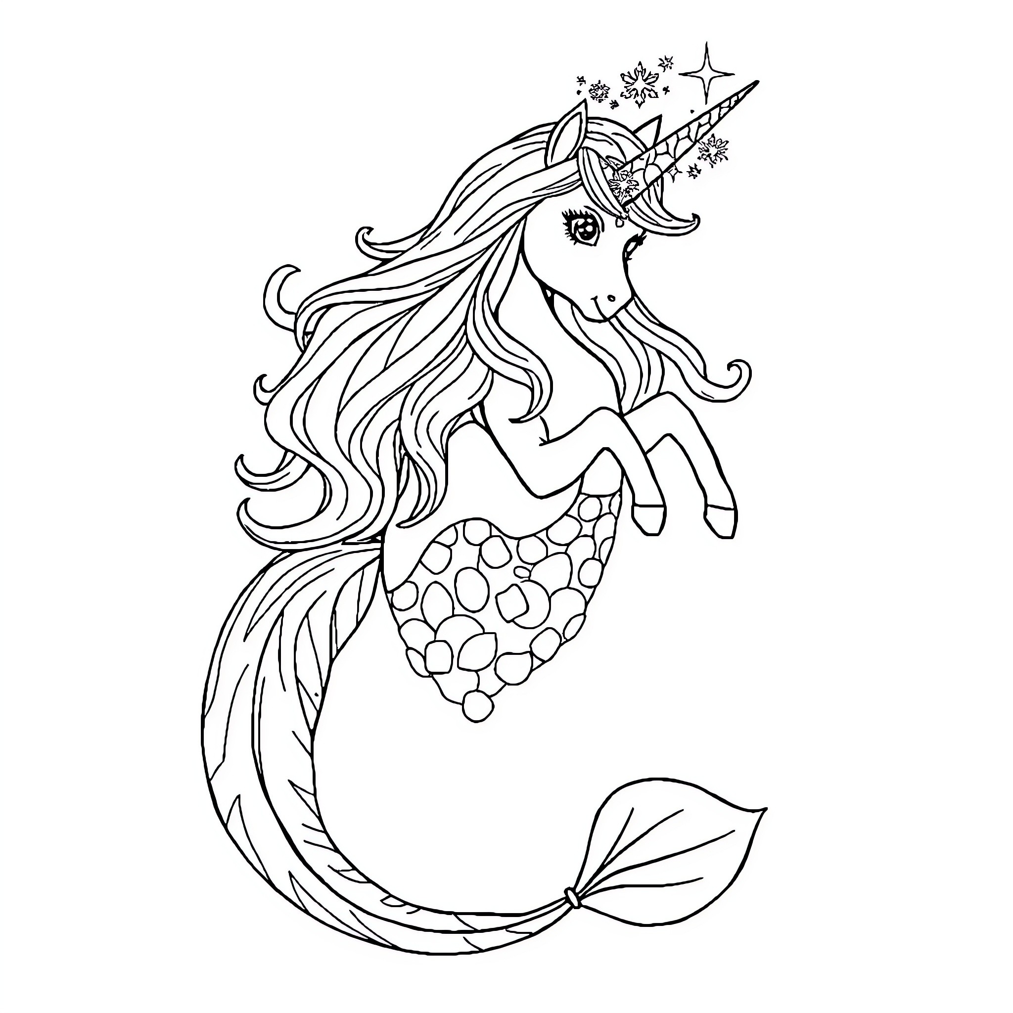 Unicorn Mermaid in enchanting mythical pose Coloring Page (free black-and-white line drawing printable PDF for all, from beginners to advanced learners, including children, teens, adults, and seniors)