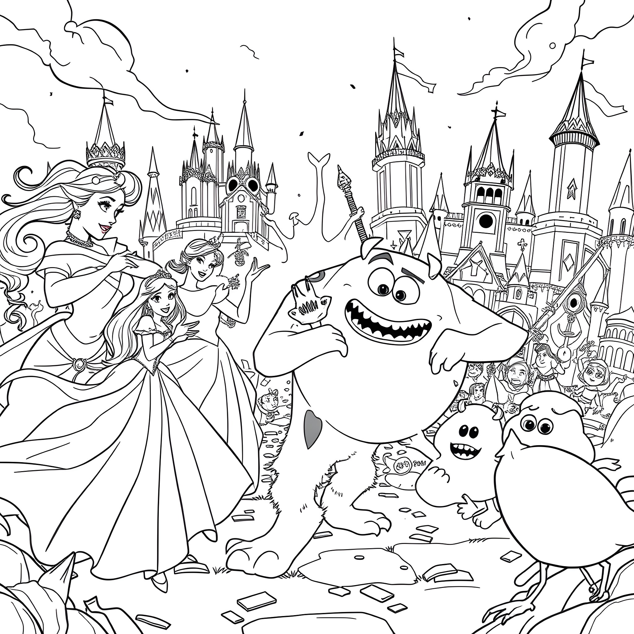 Disney Princess Characters in Magical Castle Landscape Coloring Page (free black-and-white line drawing printable PDF for all, from beginners to advanced learners, including children, teens, adults, and seniors)