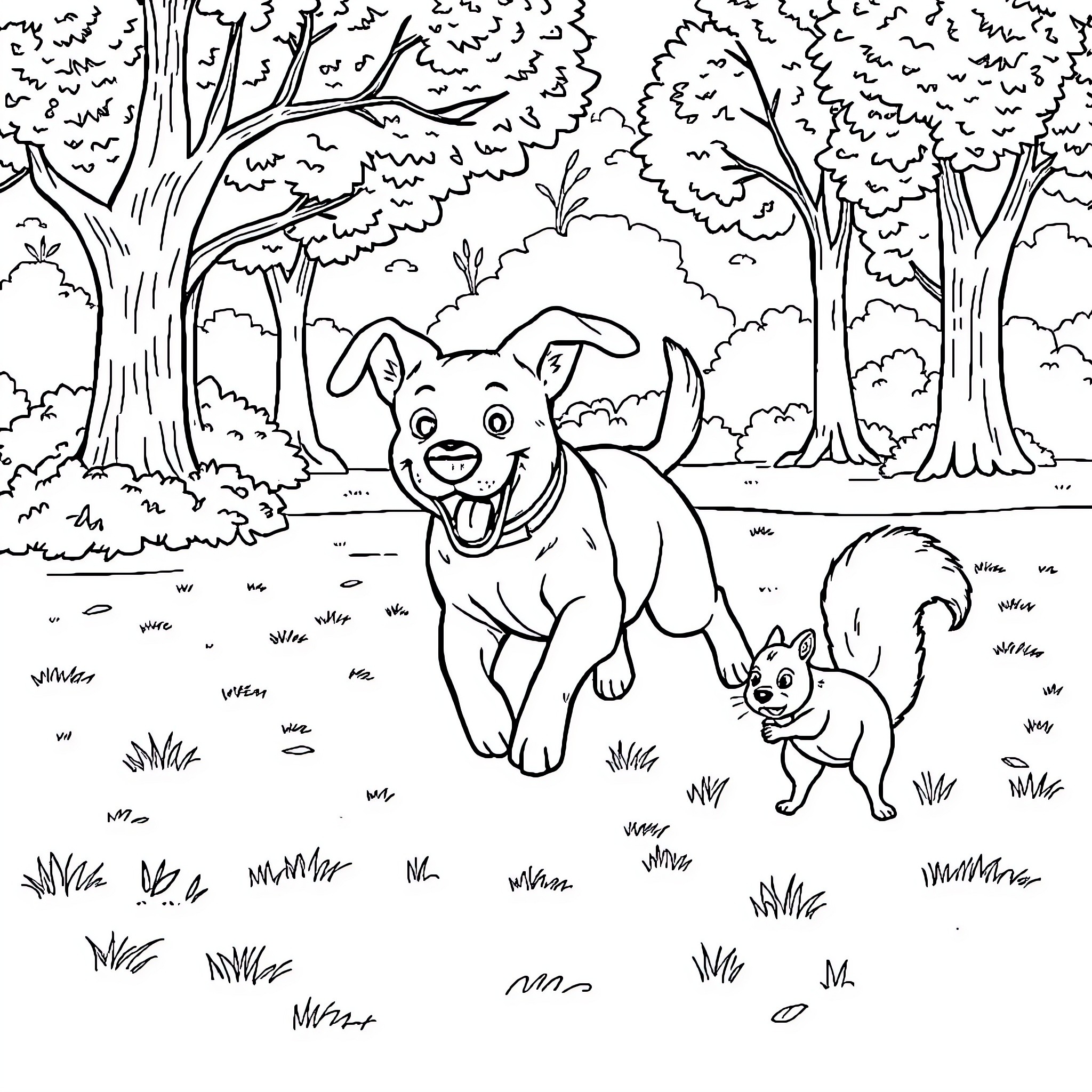 Dog playing happily with squirrel in the forest Coloring Page (free black-and-white line drawing printable PDF for all, from beginners to advanced learners, including children, teens, adults, and seniors)