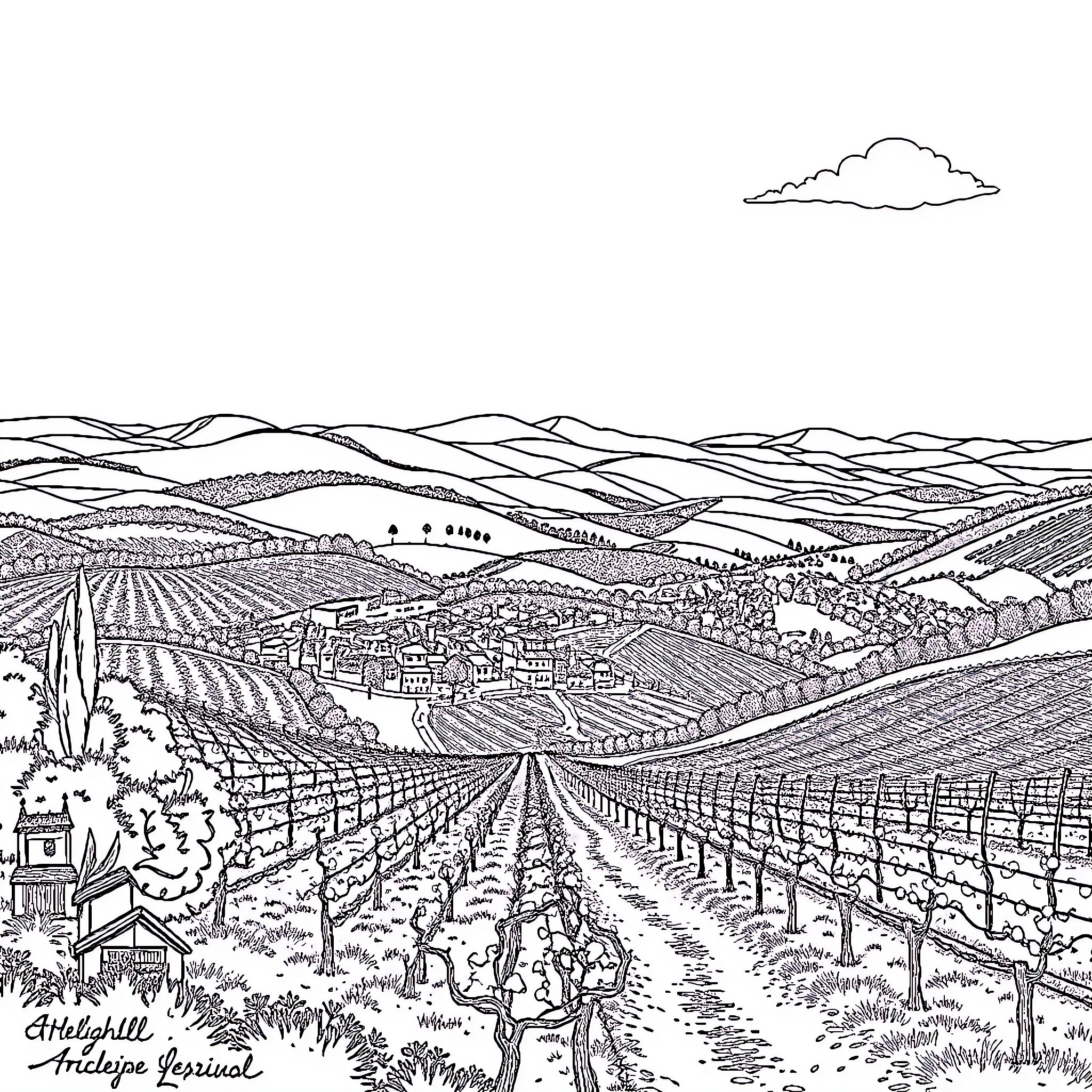 Portugal Vineyard Scenery with Wandering Figures Coloring Page (free black-and-white line drawing printable PDF for all, from beginners to advanced learners, including children, teens, adults, and seniors)