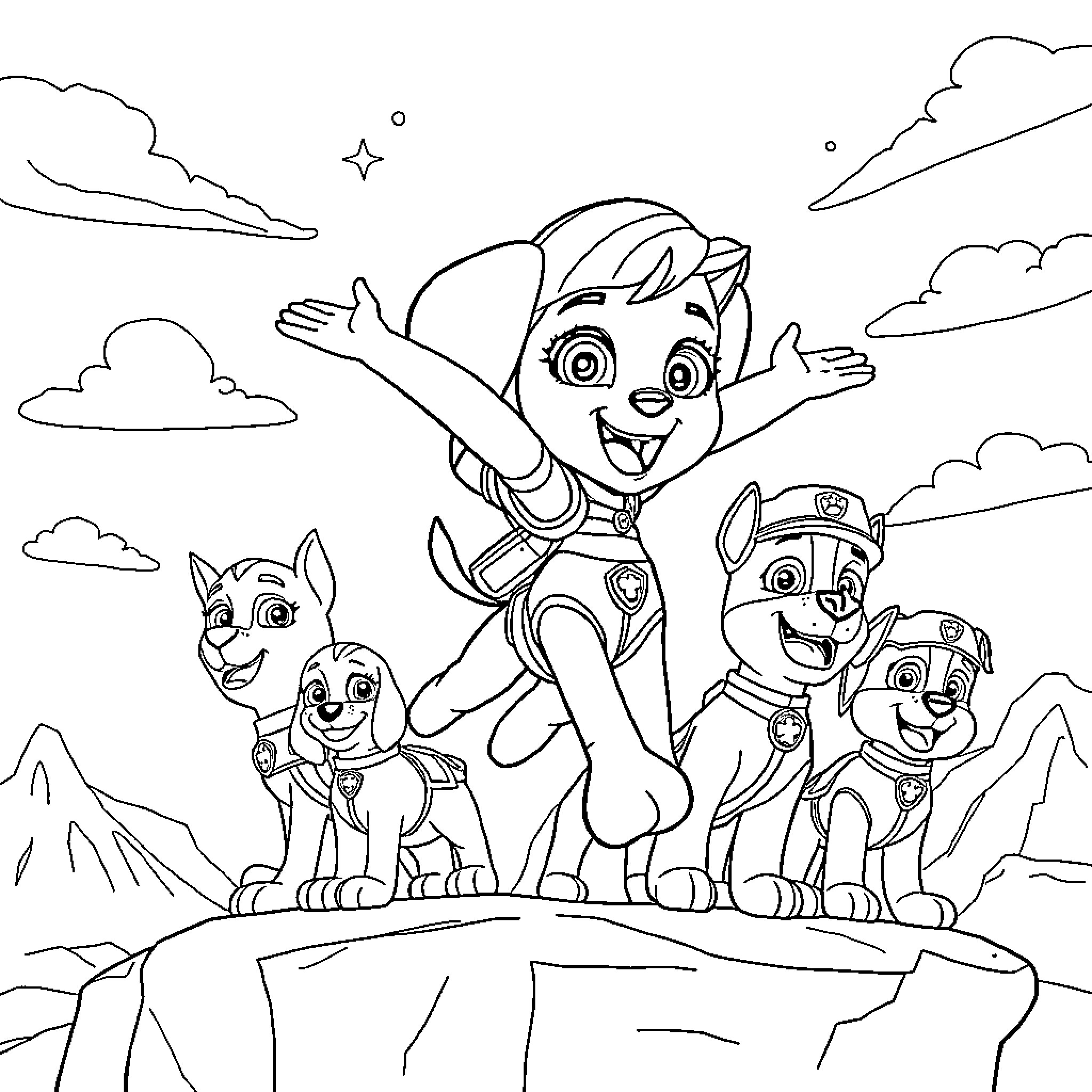 Skye's Adventurous Outdoor Escapade with Paw Patrol Friends Coloring Page (free black-and-white line drawing printable PDF for all, from beginners to advanced learners, including children, teens, adults, and seniors)