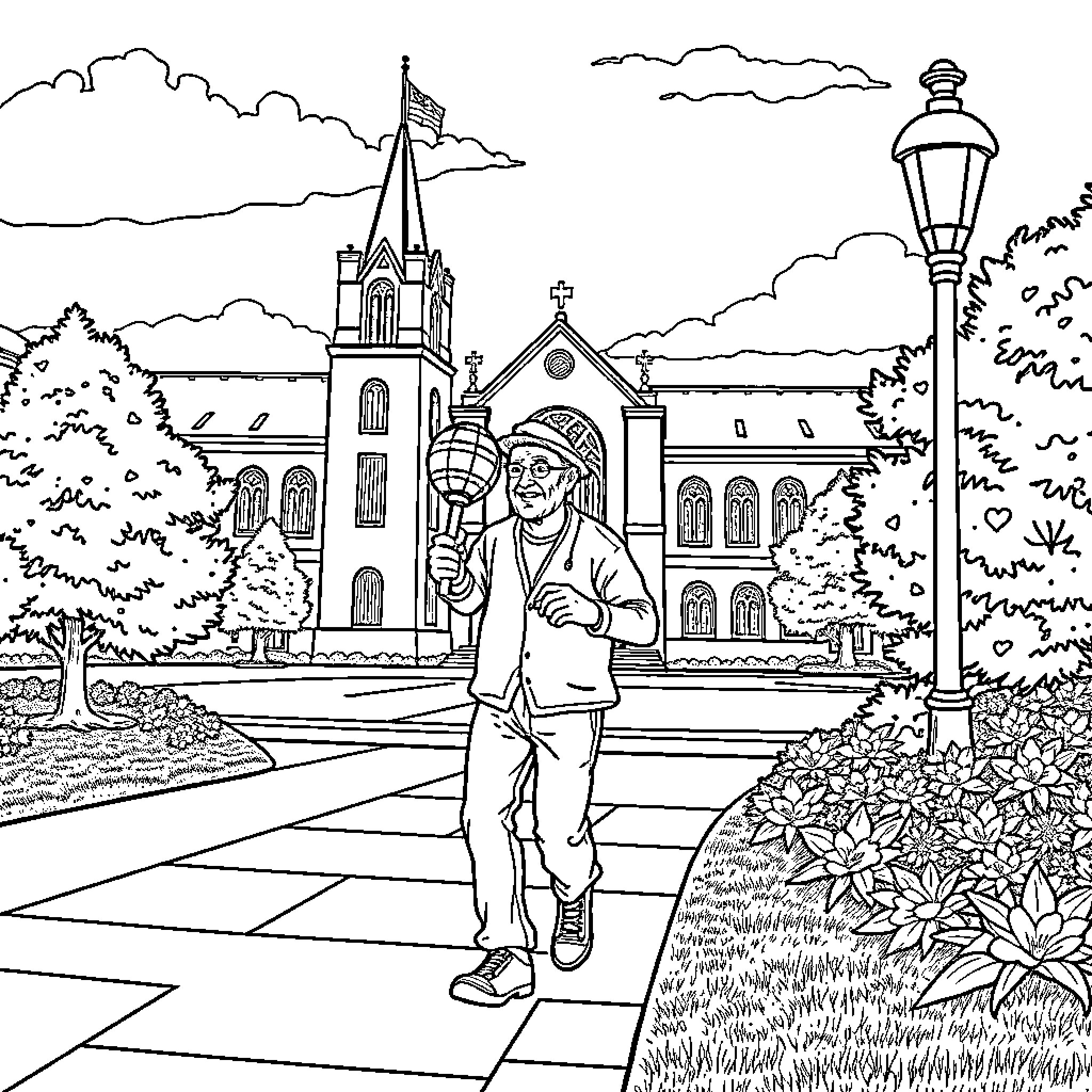 Rattle Man walking on a path in front of a church Coloring Page (free black-and-white line drawing printable PDF for all, from beginners to advanced learners, including children, teens, adults, and seniors)