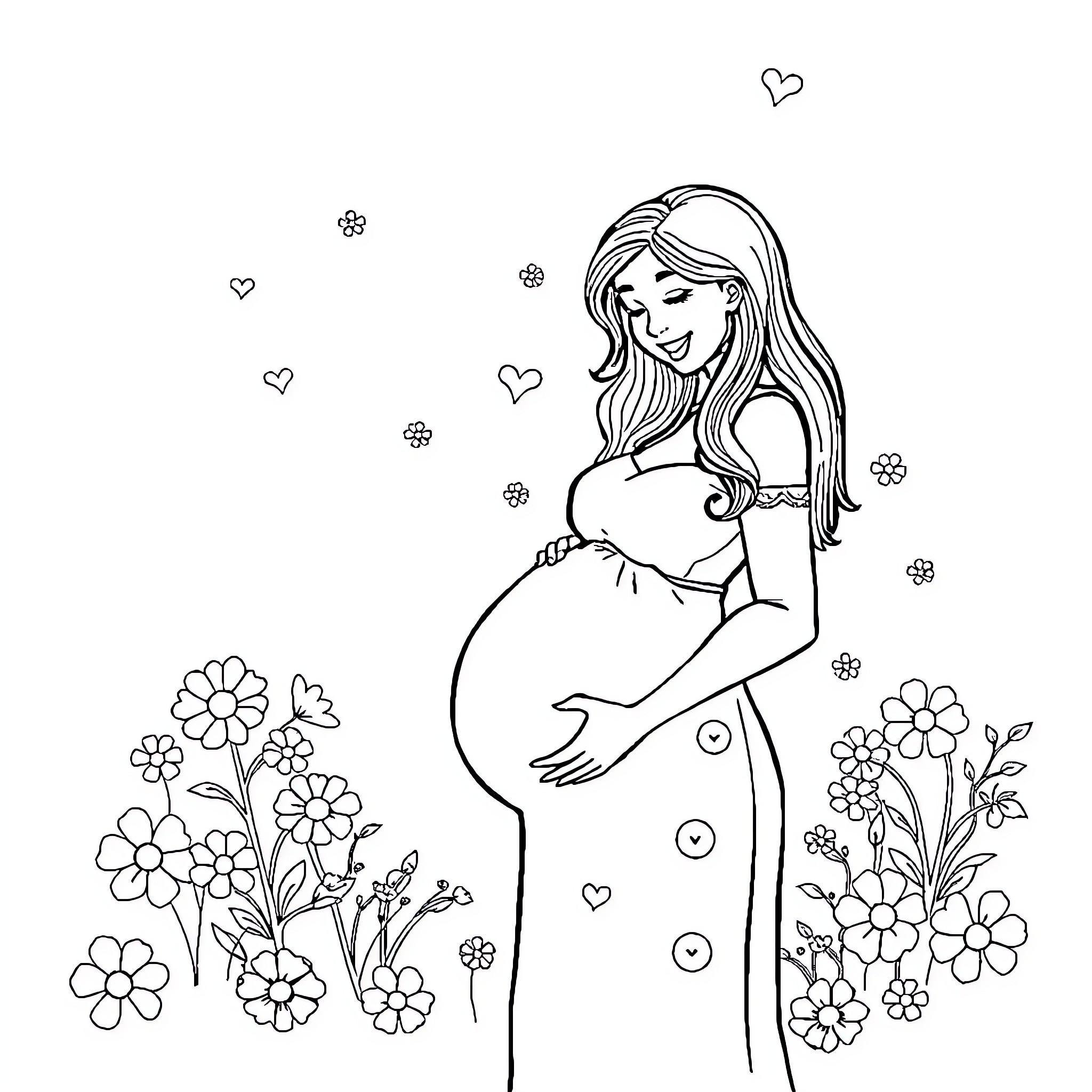 Pregnancy Blooming with Flowers and Hearts Coloring Page (free black-and-white line drawing printable PDF for all, from beginners to advanced learners, including children, teens, adults, and seniors)