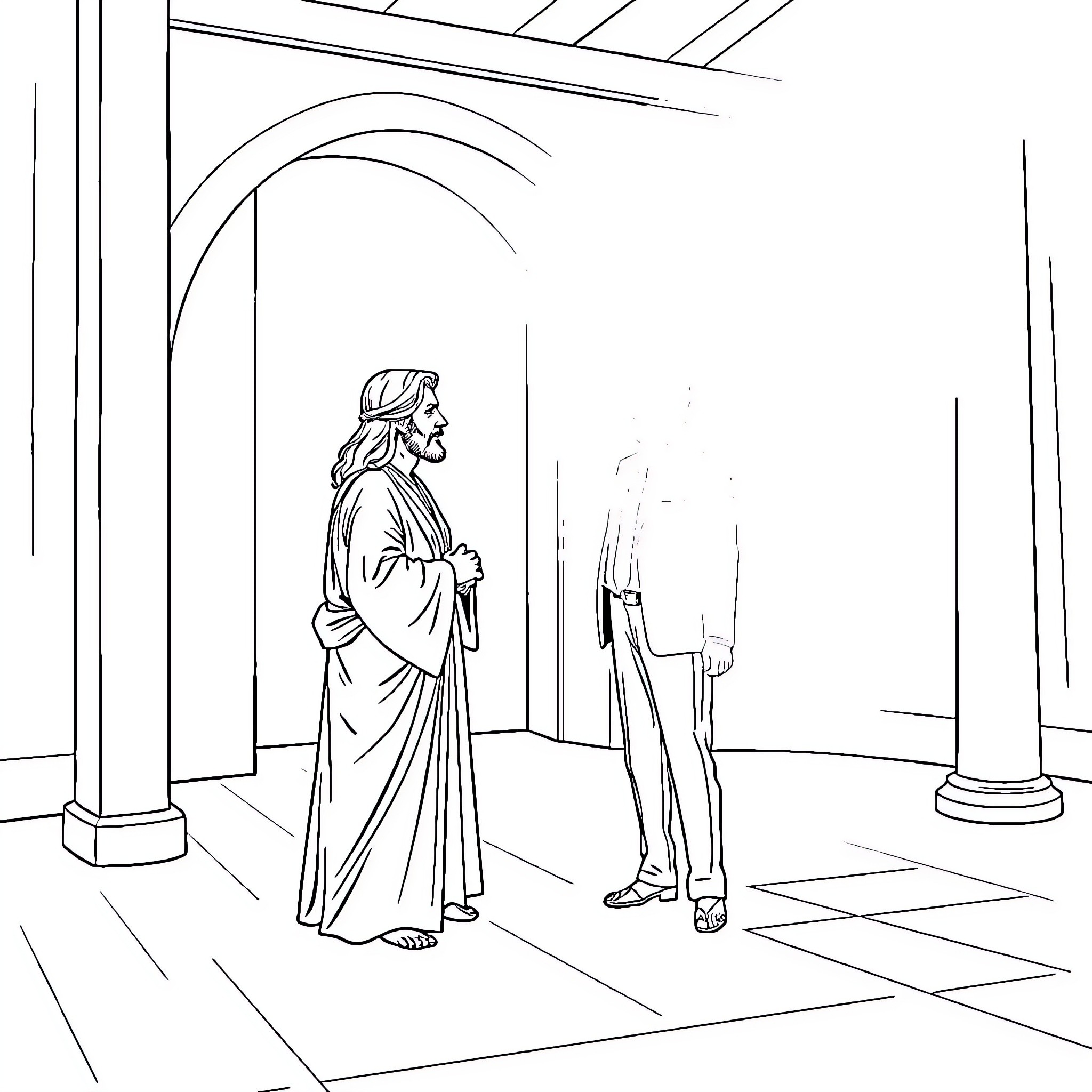 Jesus entering the temple with disciples Coloring Page (free black-and-white line drawing printable PDF for all, from beginners to advanced learners, including children, teens, adults, and seniors)