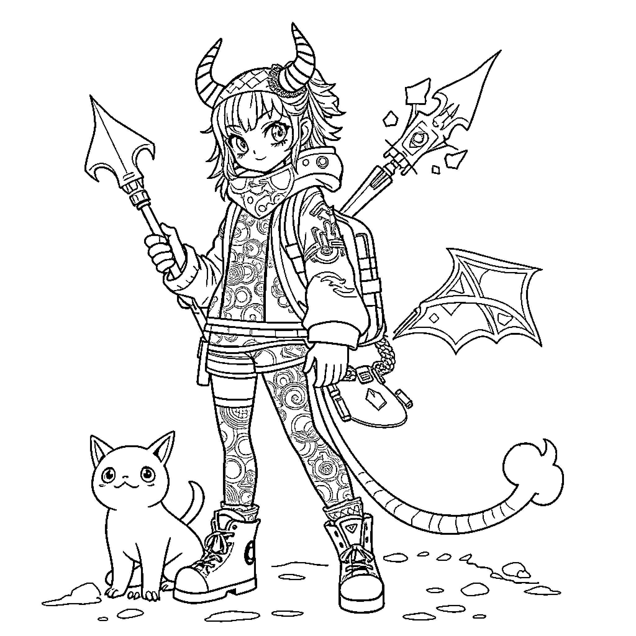 Rumi the Fearsome Demon Warrior and Her Faithful Companion Coloring Page (free black-and-white line drawing printable PDF for all, from beginners to advanced learners, including children, teens, adults, and seniors)