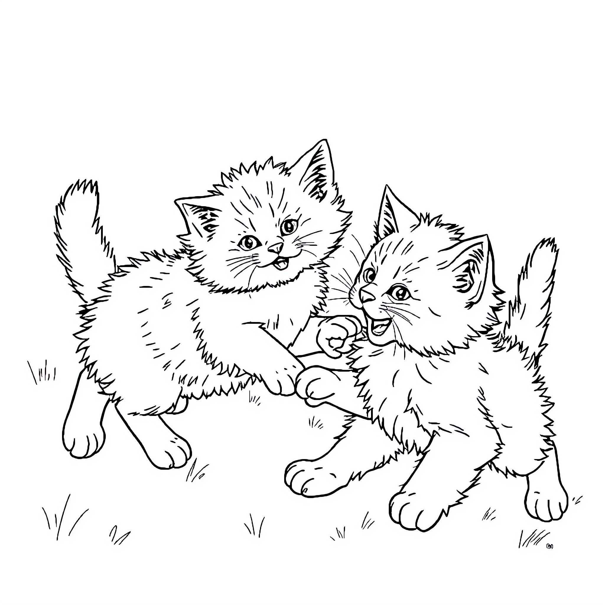 Kittens playing in the grass Coloring Page (free black-and-white line drawing printable PDF for all, from beginners to advanced learners, including children, teens, adults, and seniors)