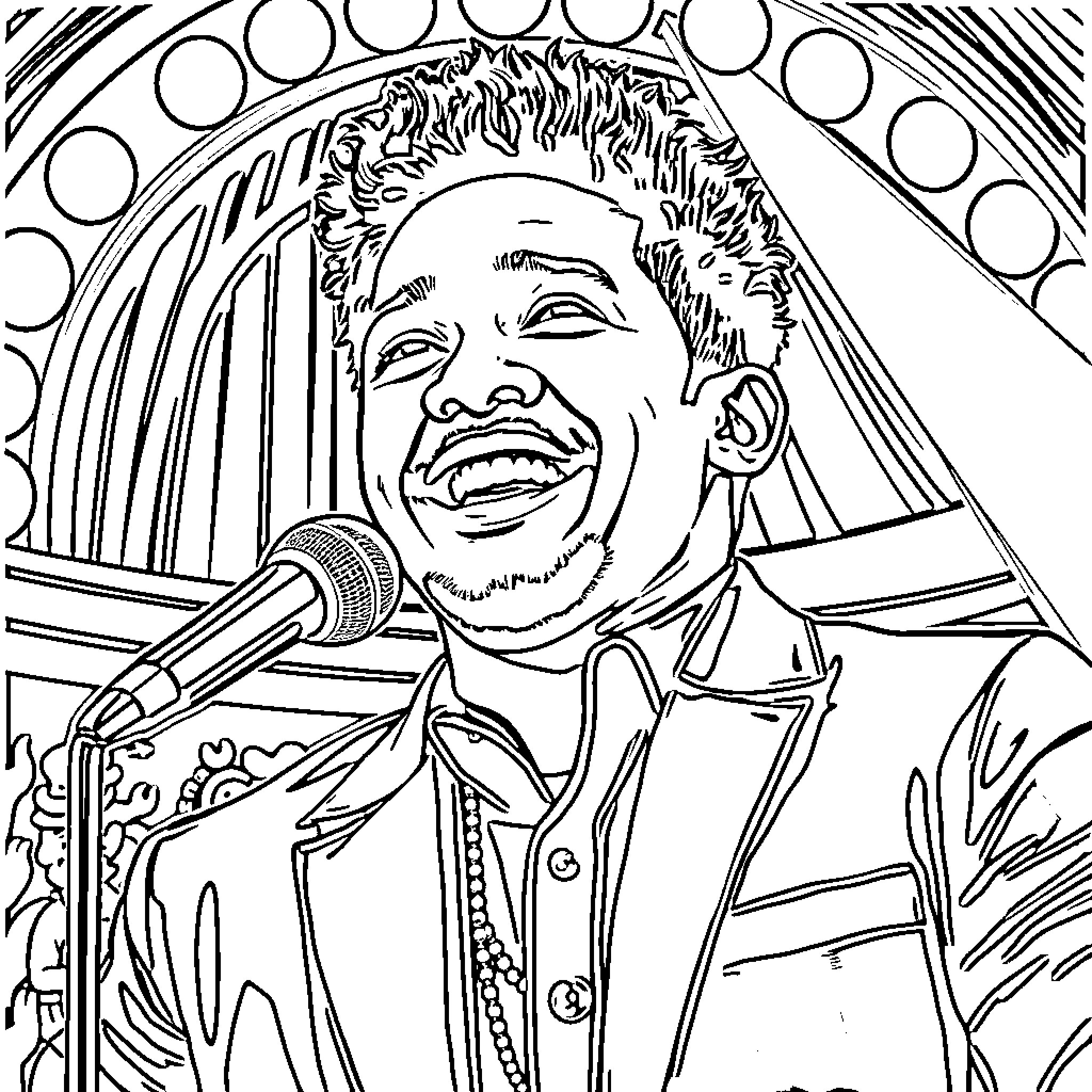 Lin Manuel Miranda performing on stage with microphone Coloring Page (free black-and-white line drawing printable PDF for all, from beginners to advanced learners, including children, teens, adults, and seniors)