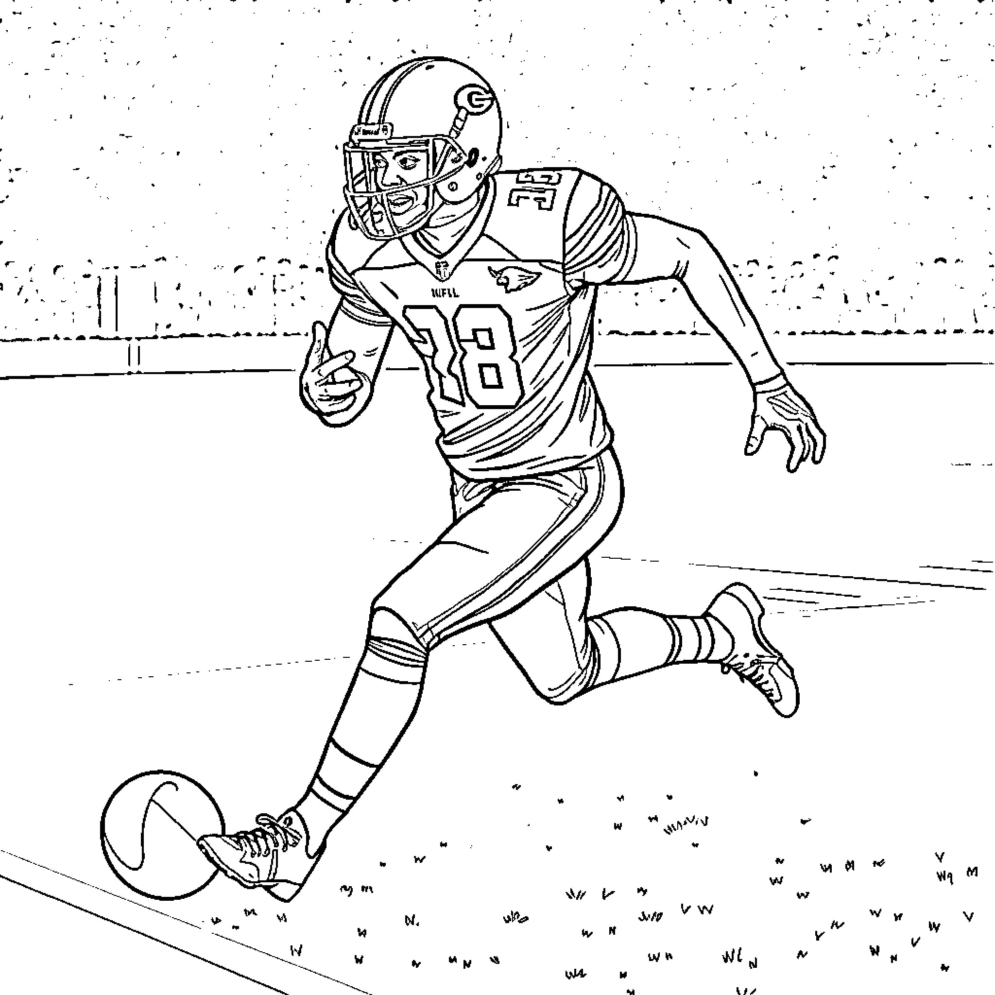 Mbappe running with football on the field Coloring Page (free black-and-white line drawing printable PDF for all, from beginners to advanced learners, including children, teens, adults, and seniors)