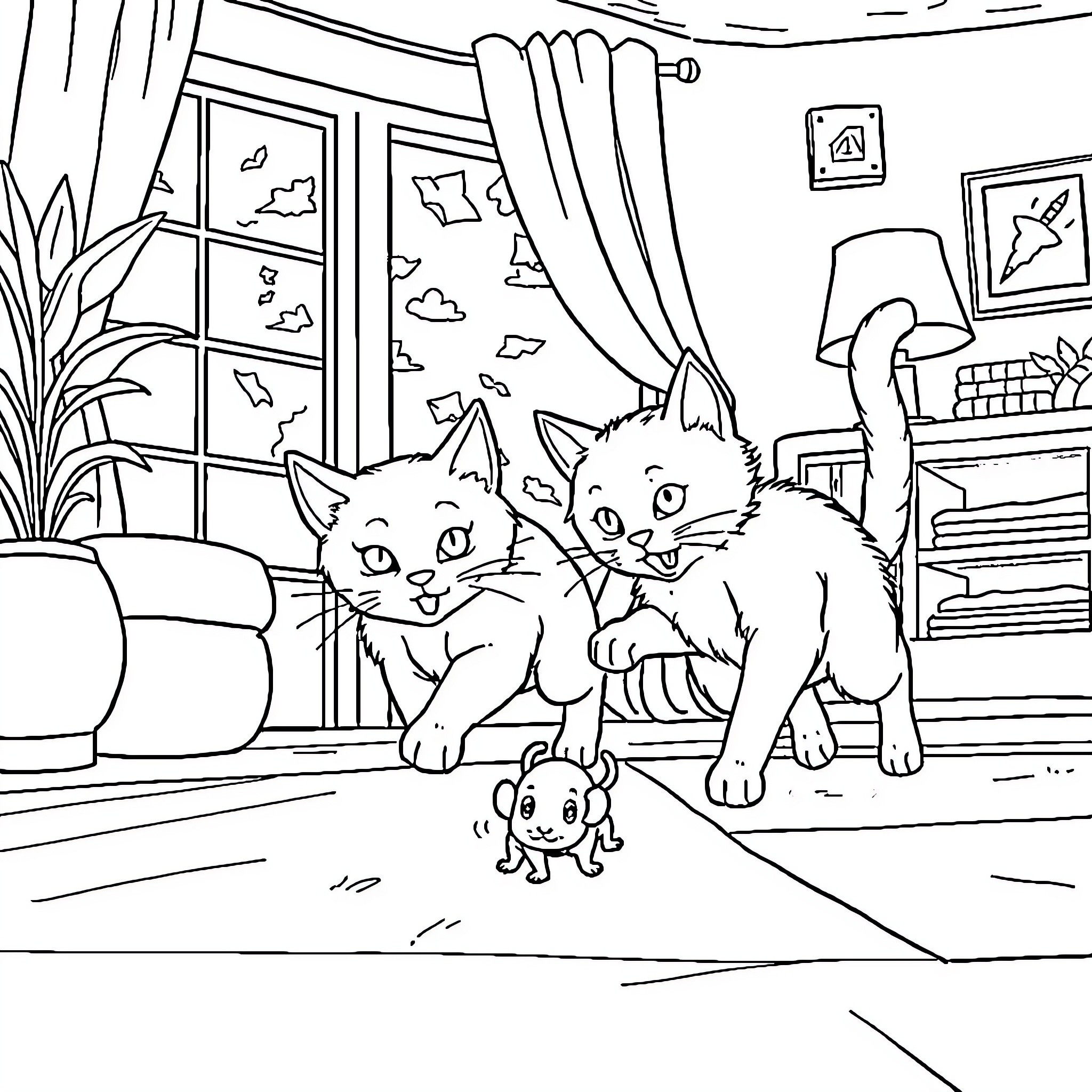 Cats playfully exploring their indoor surroundings Coloring Page (free black-and-white line drawing printable PDF for all, from beginners to advanced learners, including children, teens, adults, and seniors)