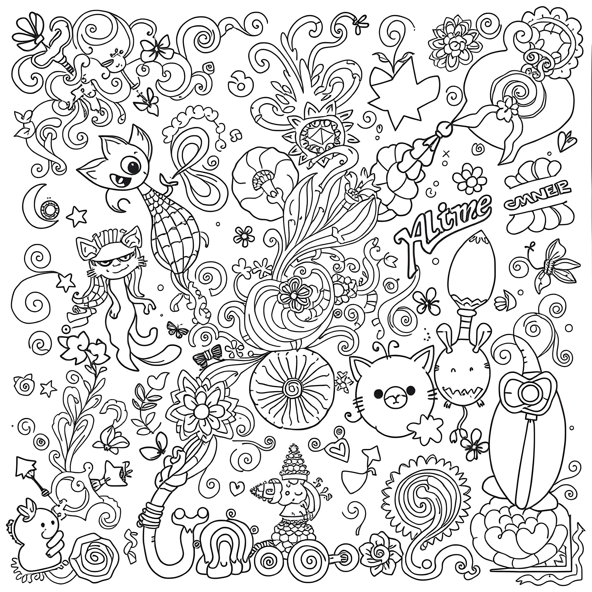 Doodle of Whimsical and Fantastical Elements Coloring Page (free black-and-white line drawing printable PDF for all, from beginners to advanced learners, including children, teens, adults, and seniors)