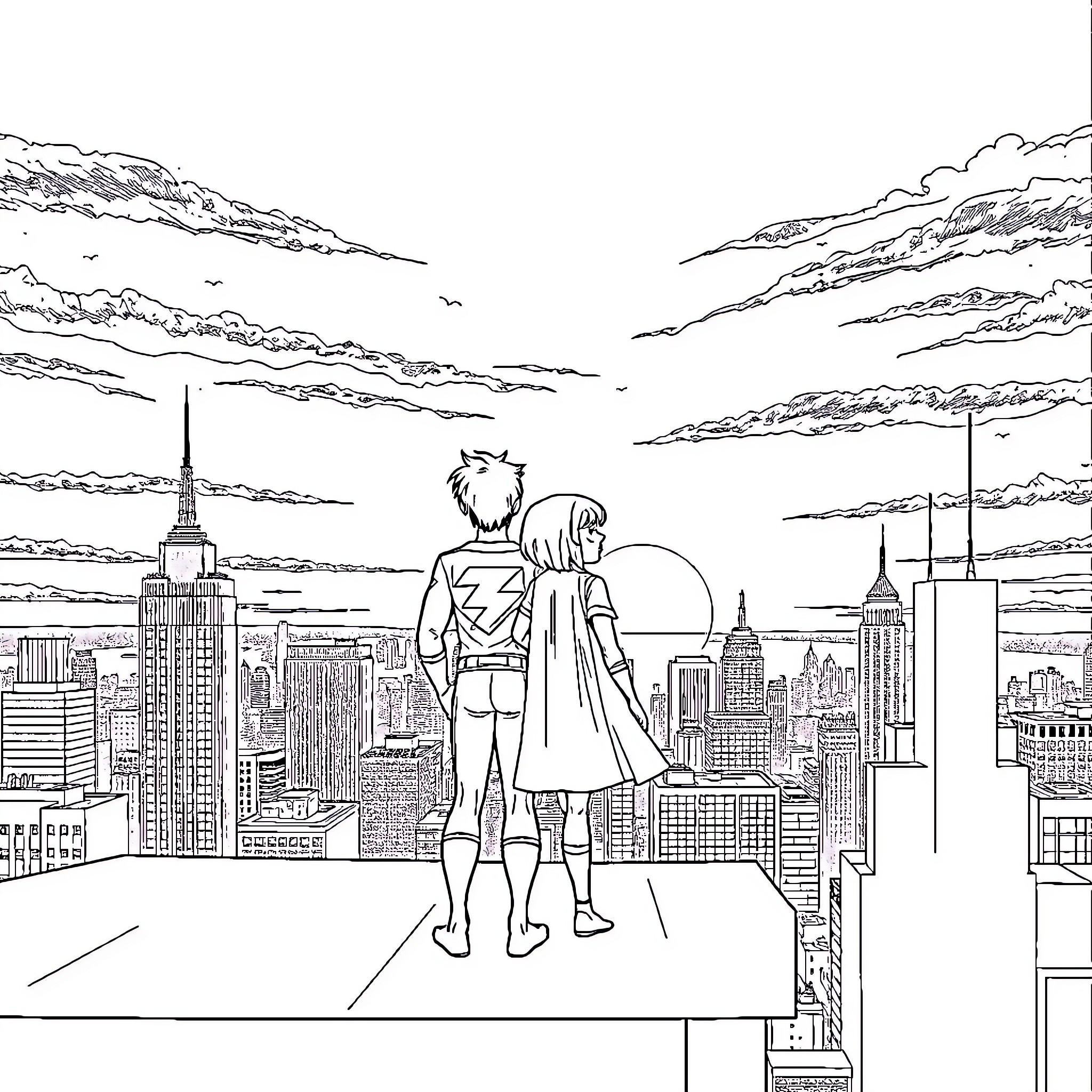 Superboy overlooking the city skyline Coloring Page (free black-and-white line drawing printable PDF for all, from beginners to advanced learners, including children, teens, adults, and seniors)