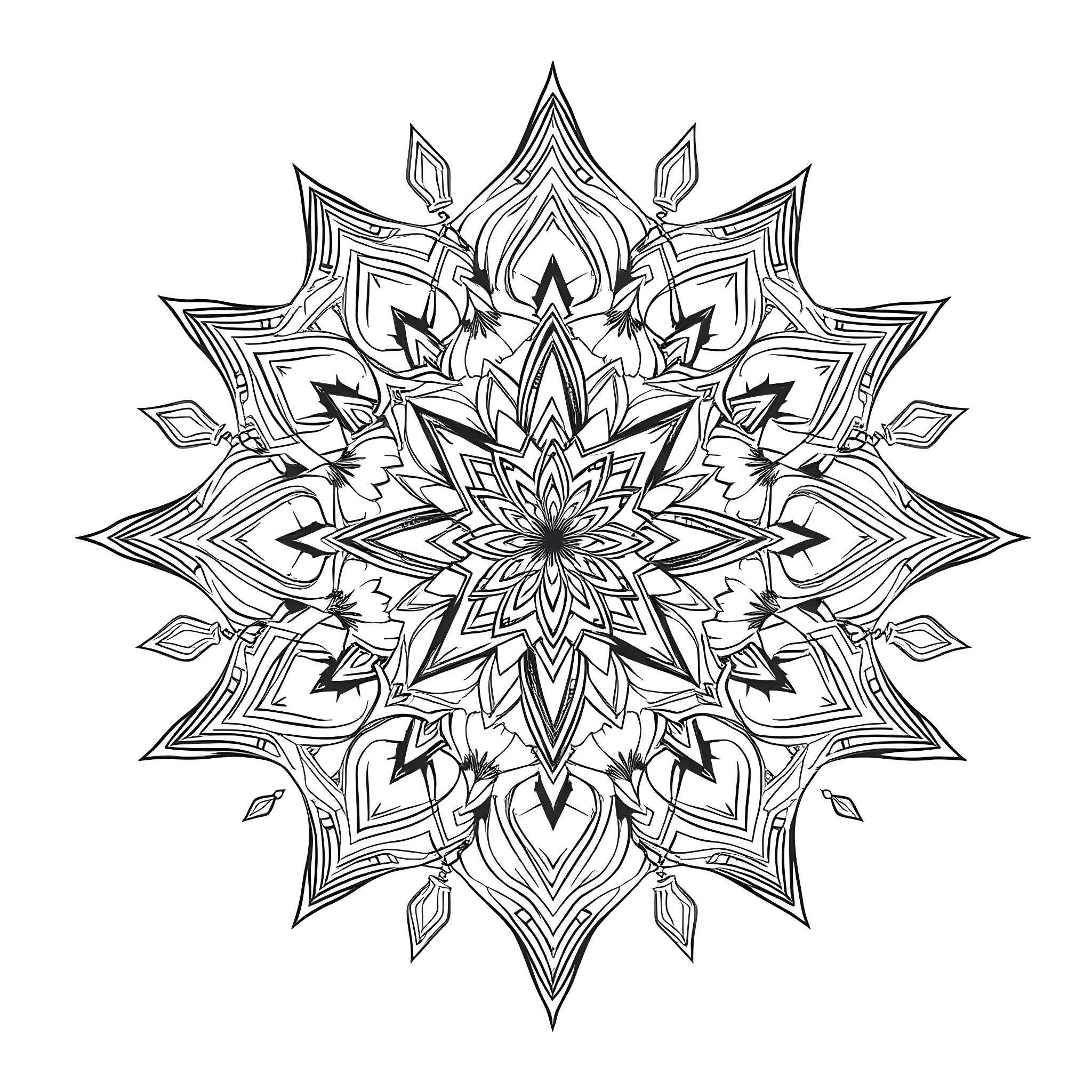 Geometric Shapes of Intricate Floral Mandala Coloring Page (free black-and-white line drawing printable PDF for all, from beginners to advanced learners, including children, teens, adults, and seniors)