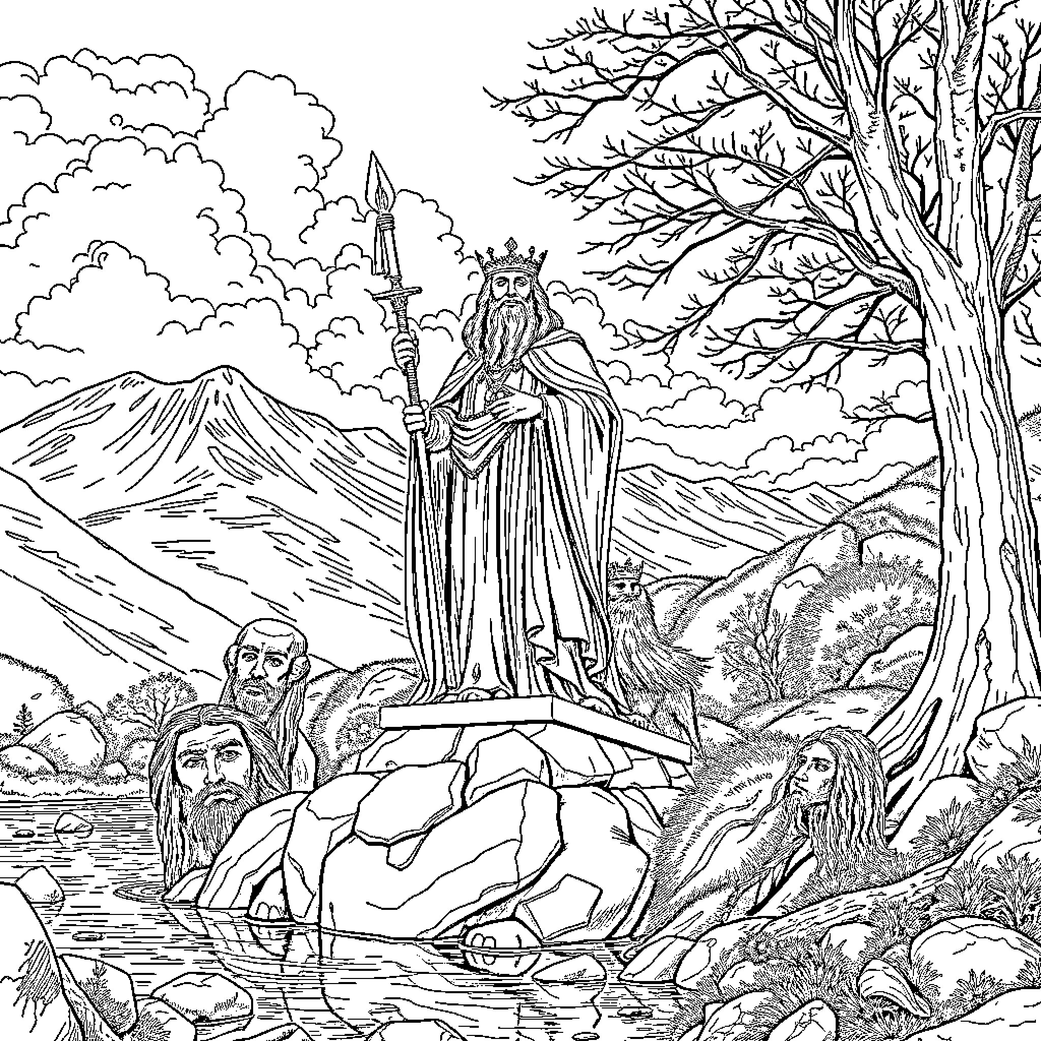 King with Followers in Mystical Landscape Coloring Page (free black-and-white line drawing printable PDF for all, from beginners to advanced learners, including children, teens, adults, and seniors)