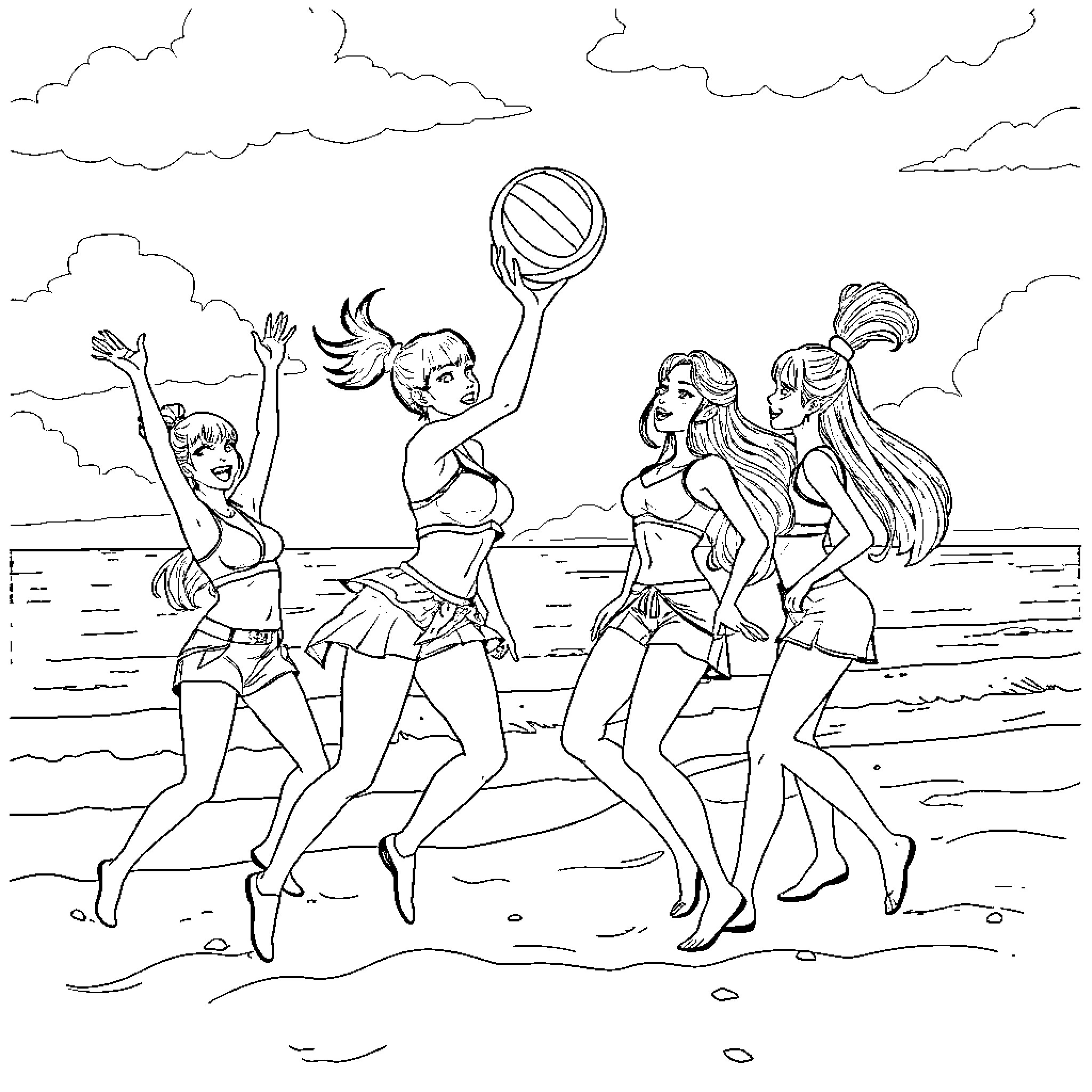 K Pop Warrior Girls Volleyball Match on the Beach Coloring Page (free black-and-white line drawing printable PDF for all, from beginners to advanced learners, including children, teens, adults, and seniors)
