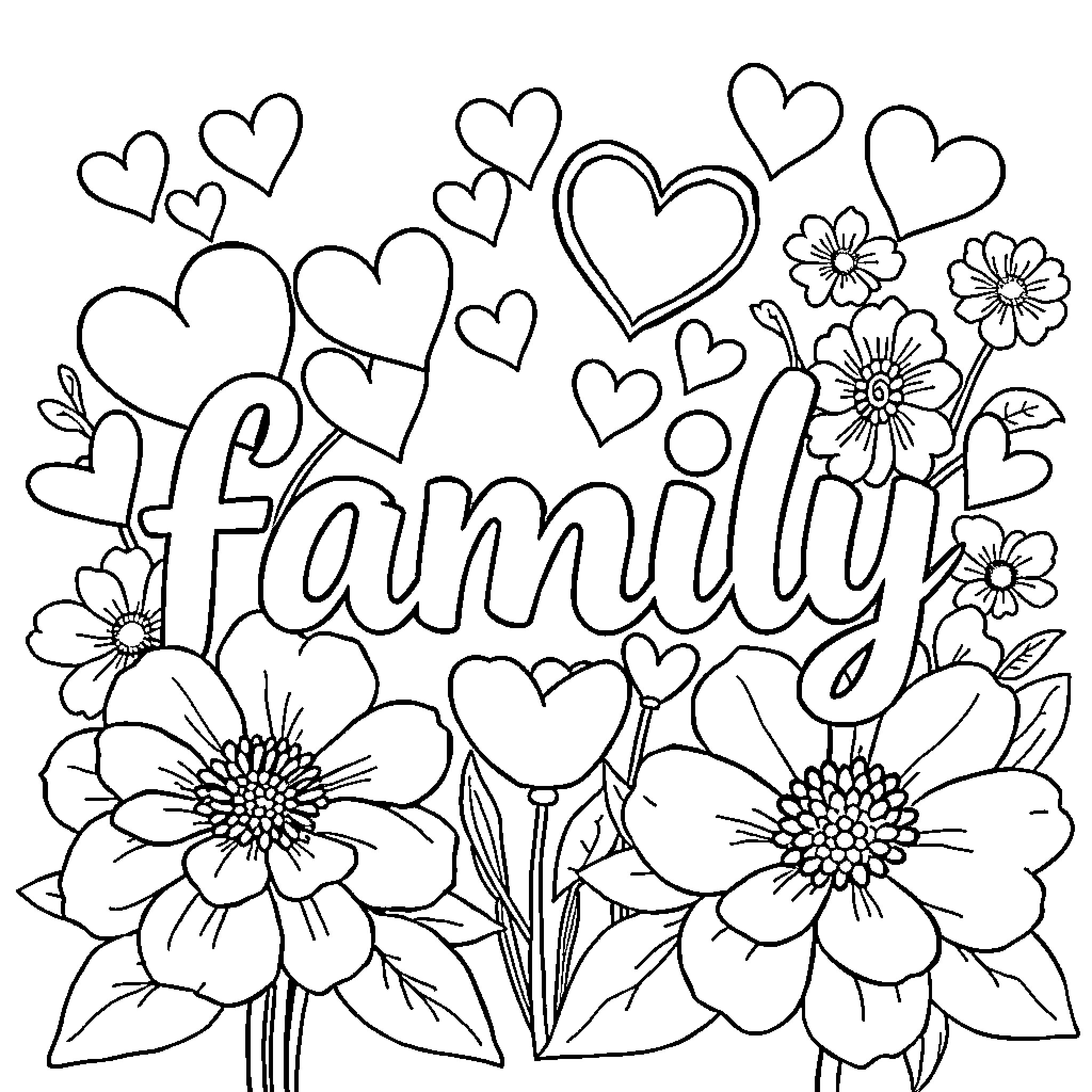 Family Celebration with Floral Hearts Coloring Page (free black-and-white line drawing printable PDF for all, from beginners to advanced learners, including children, teens, adults, and seniors)