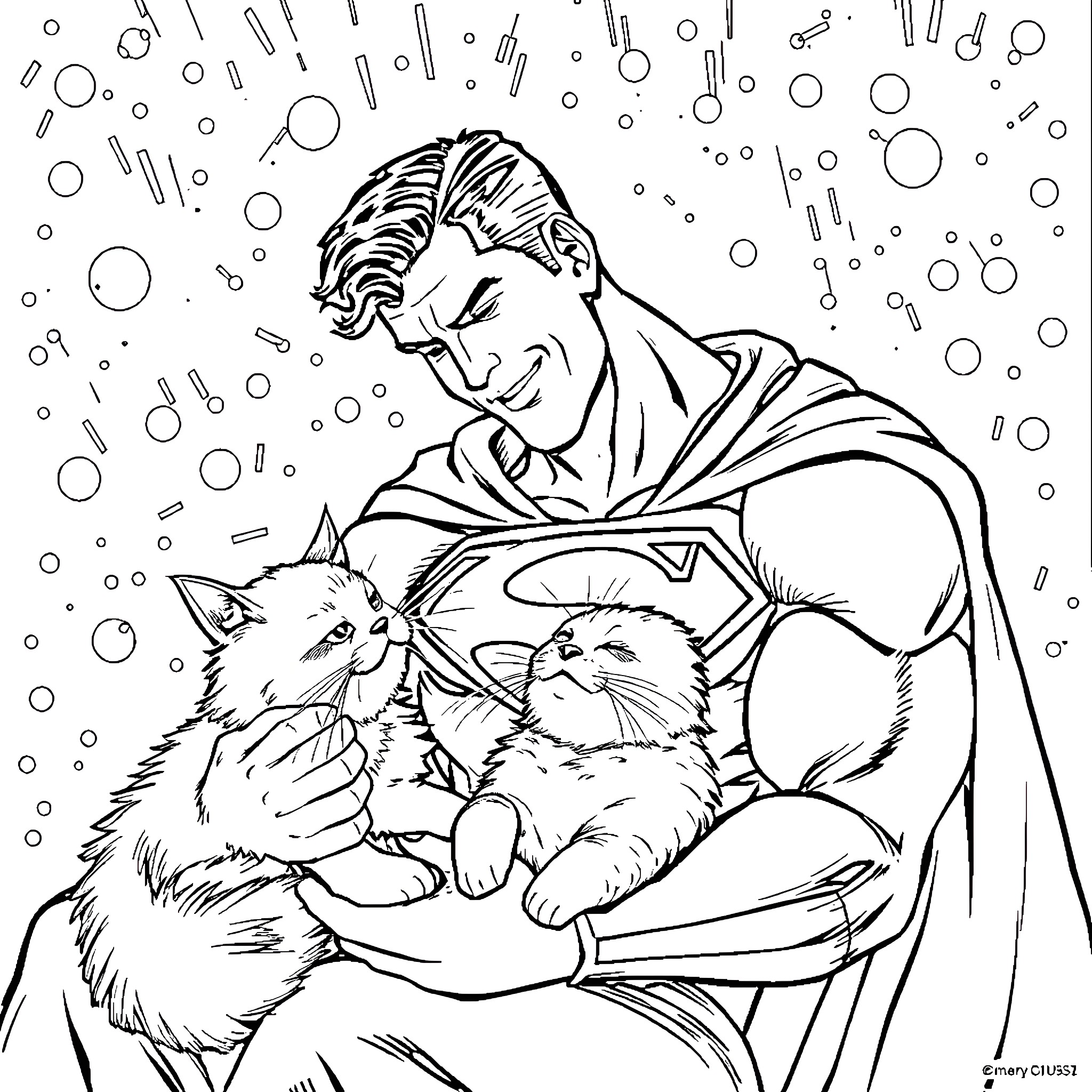 Superman playing with adorable kittens in the snow Coloring Page (free black-and-white line drawing printable PDF for all, from beginners to advanced learners, including children, teens, adults, and seniors)