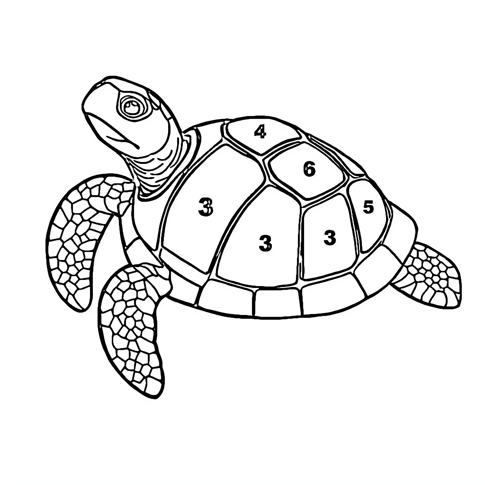 Turtle swimming with numbered shell Coloring Page (free black-and-white line drawing printable PDF for all, from beginners to advanced learners, including children, teens, adults, and seniors)